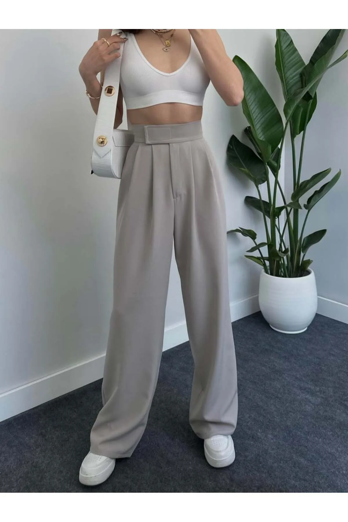 Laluvia  Graue Premium-Taillen-Hose mit weitem Bein und Klettverschluss