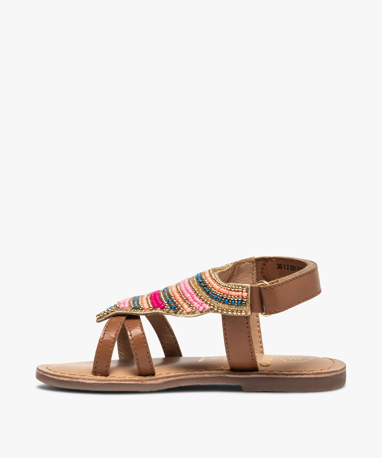 Sandales fille ornées de perles et fermeture scratch camel | GEMO