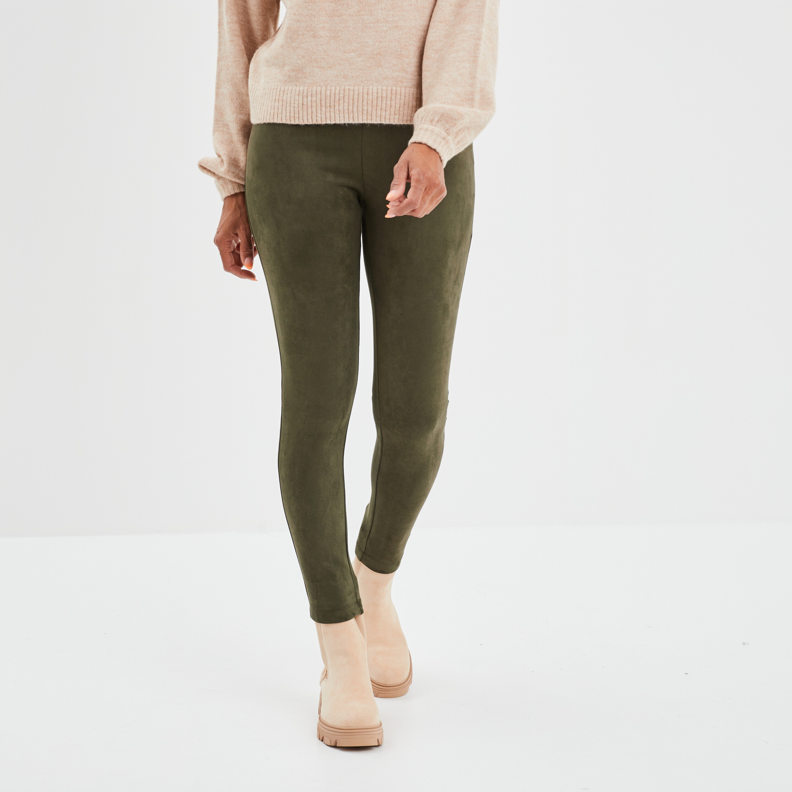 Pantalon suédine slim taille élastiquée vert kaki femme | La Halle