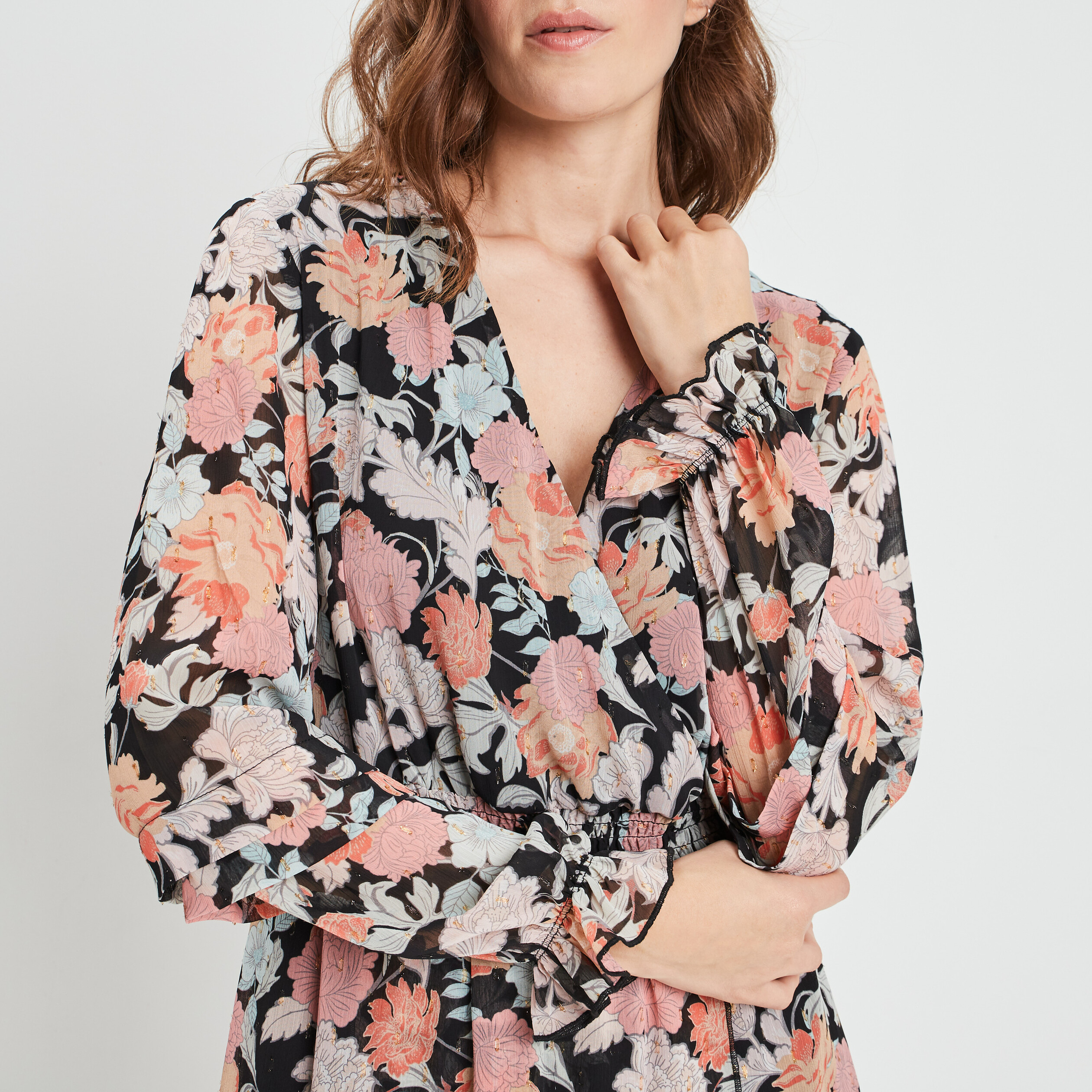 Robe longue fluide col cache-coeur noir femme | La Halle