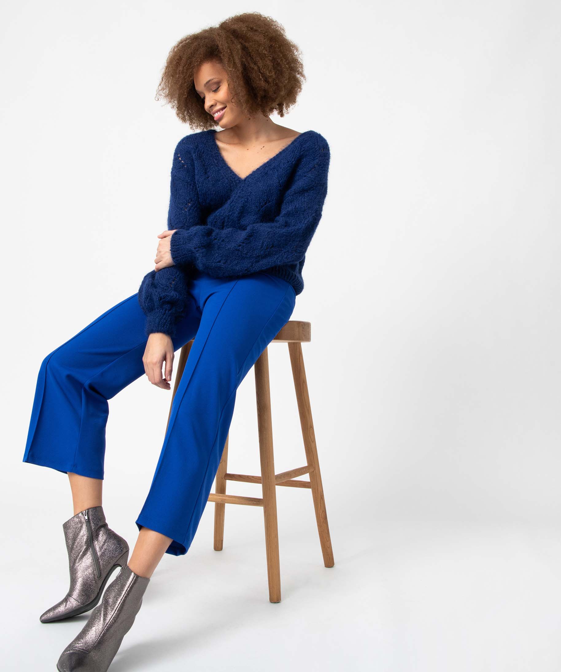 Pantalon femme en toile coupe large bleu | GEMO