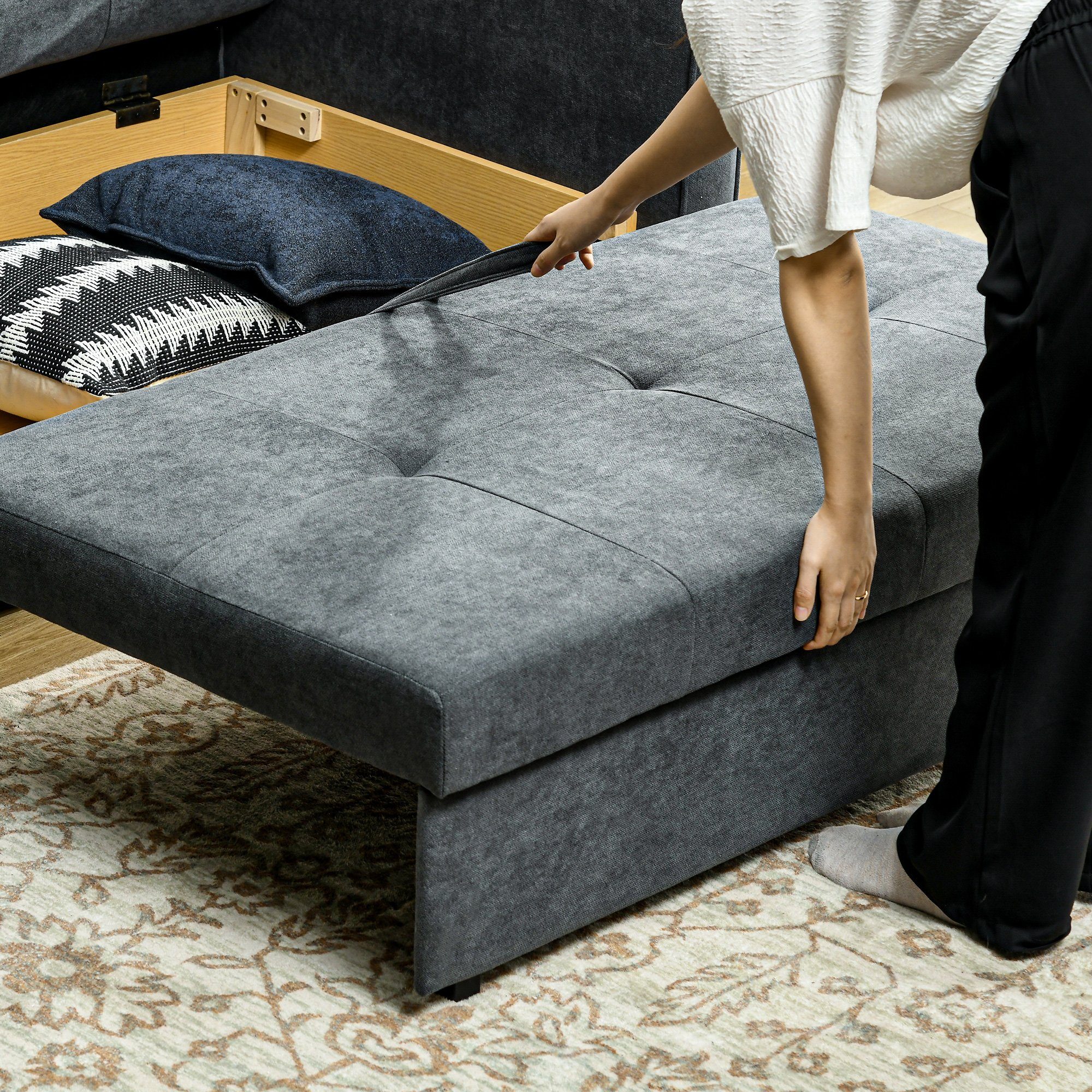 HOMCOM Schlafsofa Sofa mit Bettfunktion, Polstersofa mit Stauraum, Schlafcouch, 2-Sitzer Sofa 1 Teile, für Wohnzimmer, Polycotton, Holz