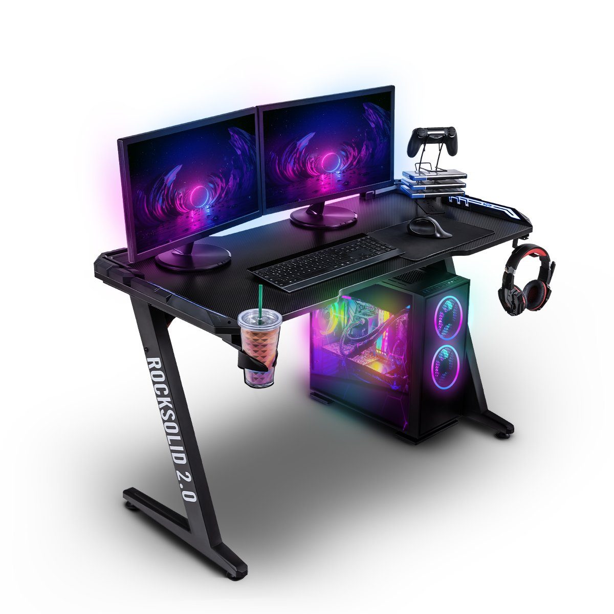 ELITE Gaming Gamingtisch Elite Gamer-Schreibtisch Rocksolid, RGB-LED (Jugendschreibtisch inkl. Getränke-, Headset- und Controller-Spiele-Halterung, 2-St., Schreibtisch, verstellbare Standfüße, Kabelkanal, ergonomisches Design), Gamingtisch inkl. Fern