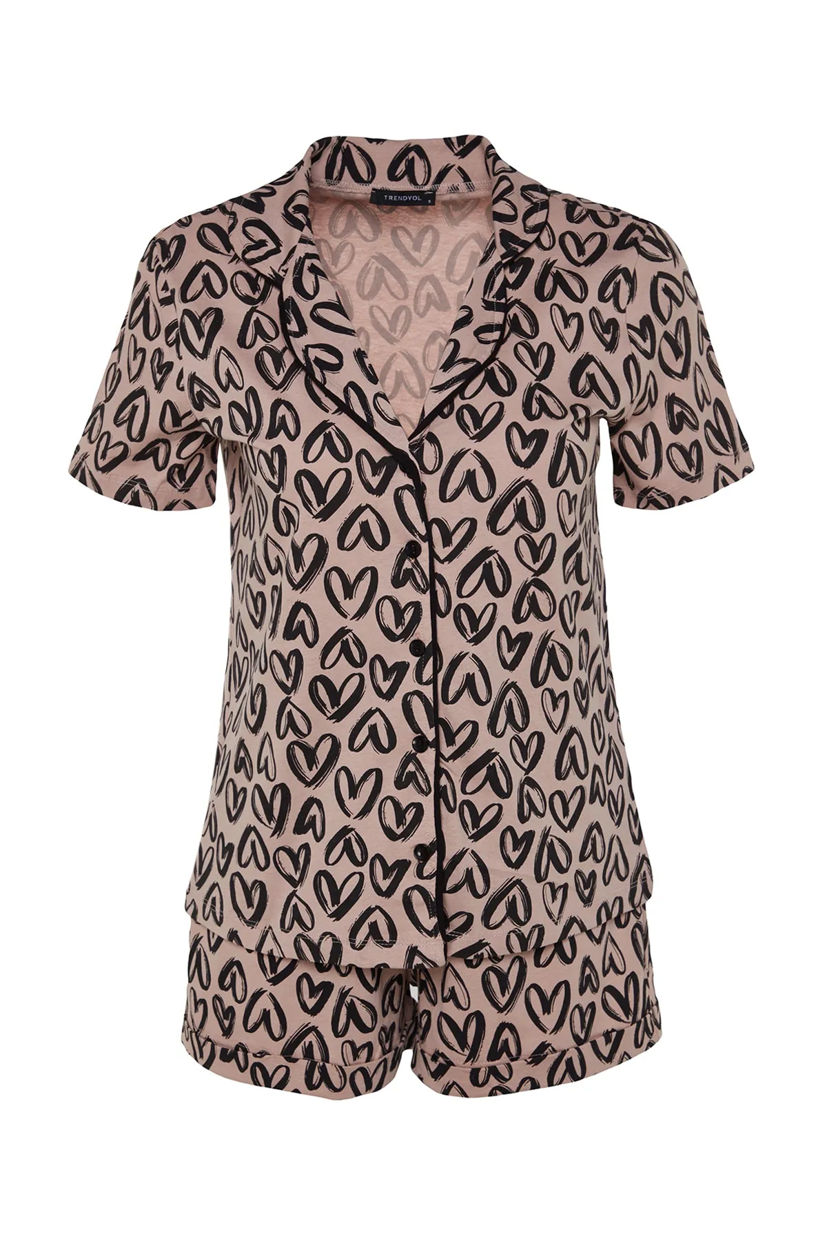 Trendyol Collection  Mehrfarbiges Pyjama-Set aus Baumwollhemd und -shorts mit Herzmuster THMSS21PT0612