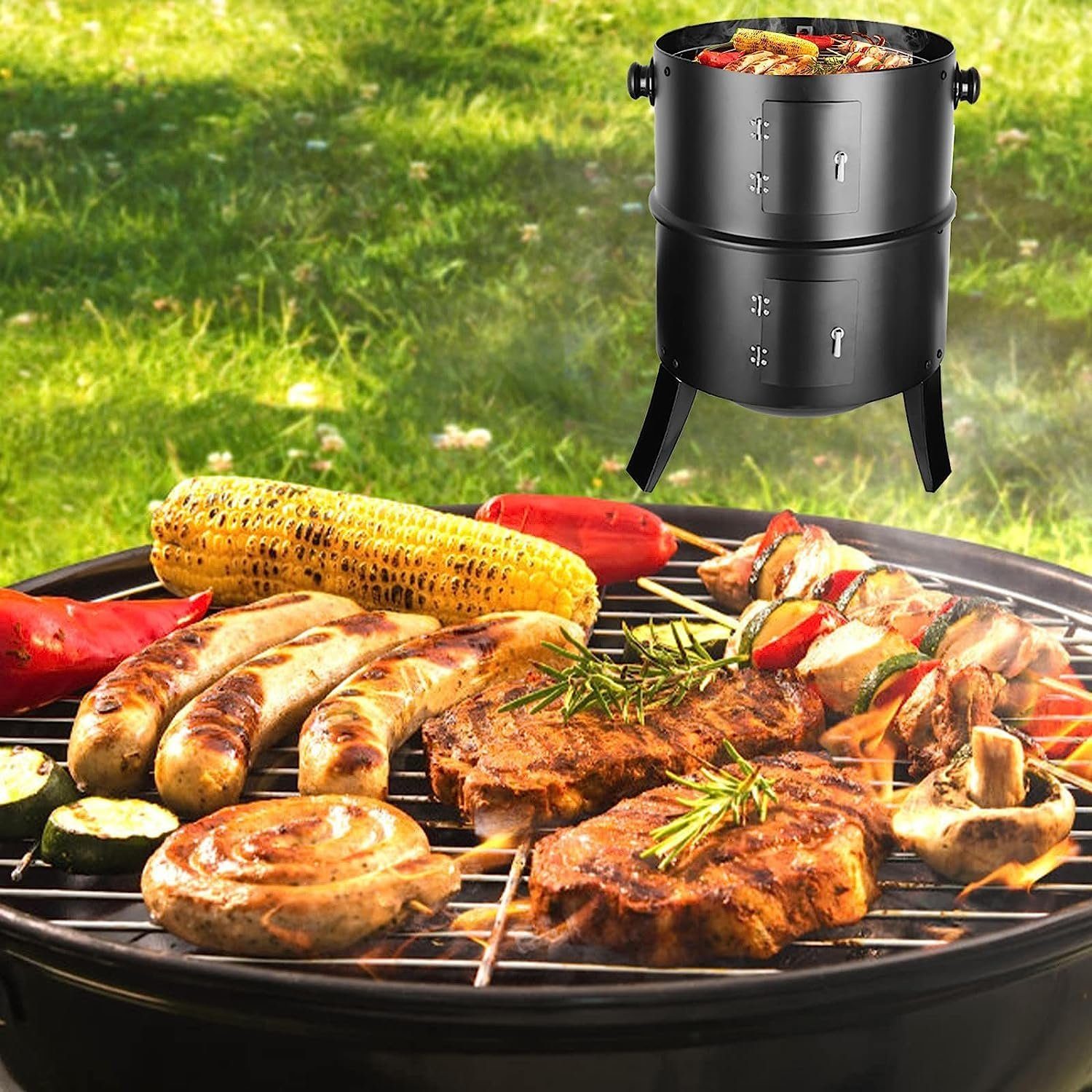 TLGREEN Smoker, Räucherofen, Räuchertonne, Ø44,5x80 cm, 3-in-1 Holzkohlegrill