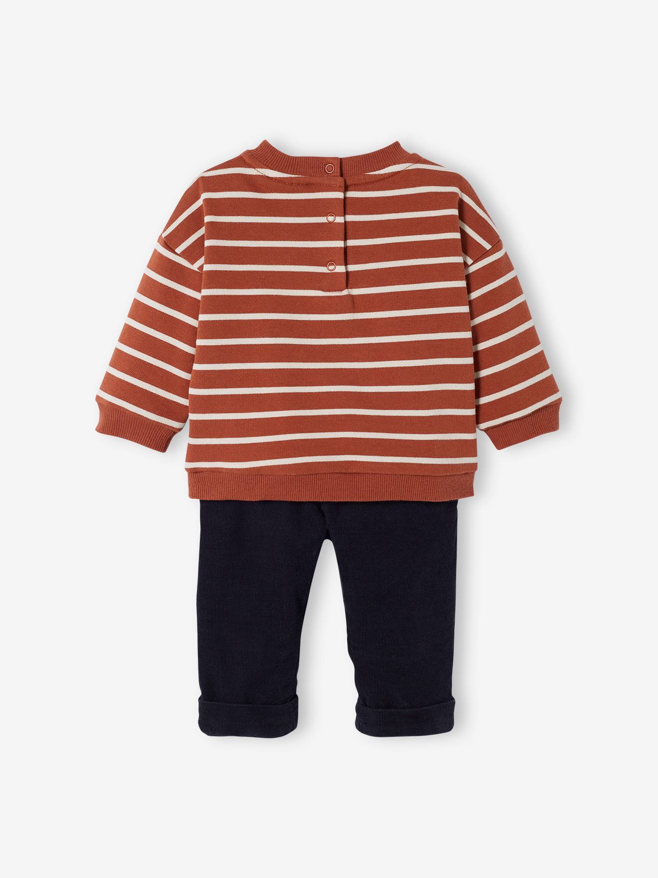 Ensemble bébé sweat + pantalon en velours chocolat rayé