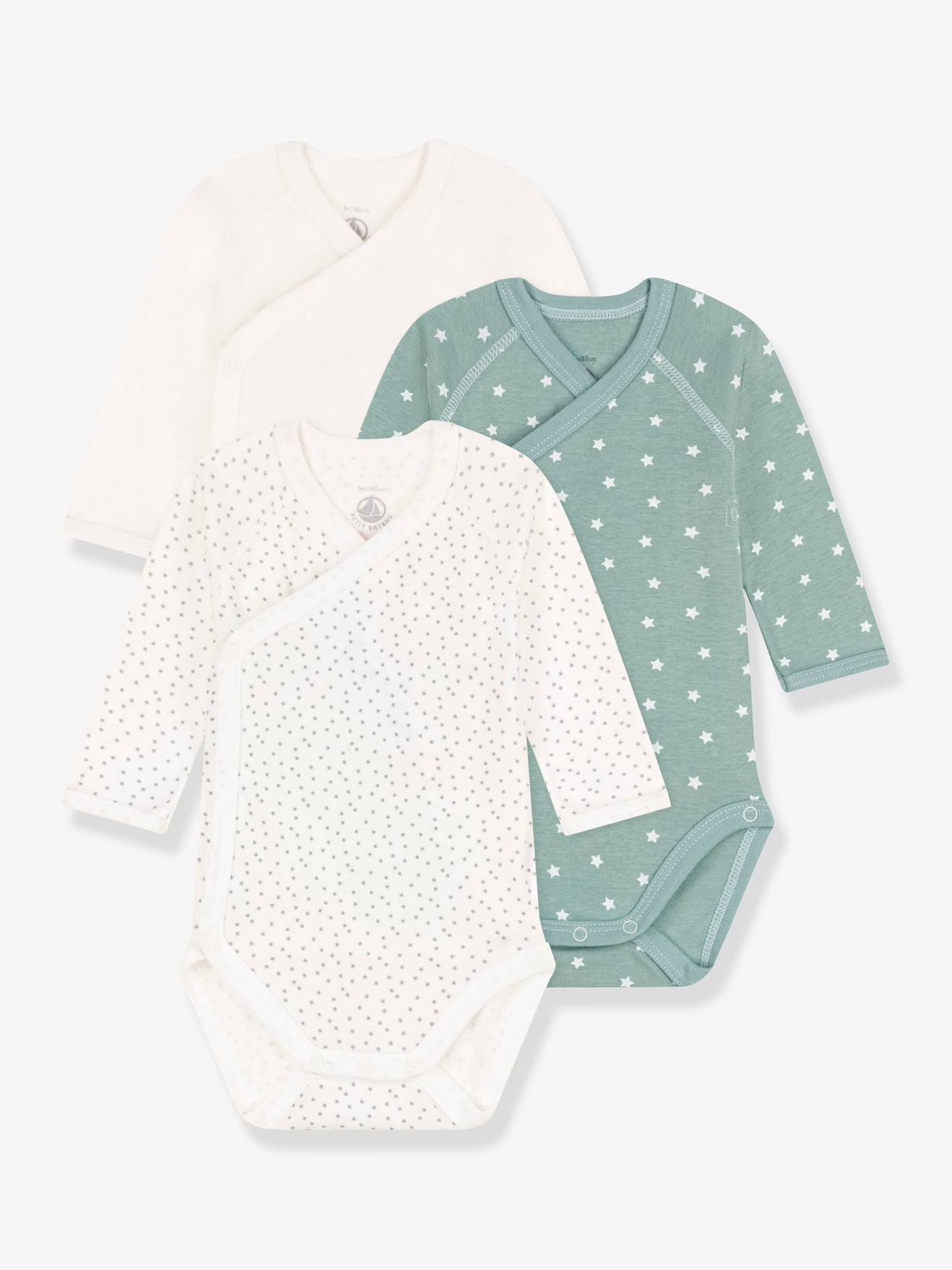 Lot de 3 bodies croisés manches longues en coton PETIT BATEAU blanc imprimé