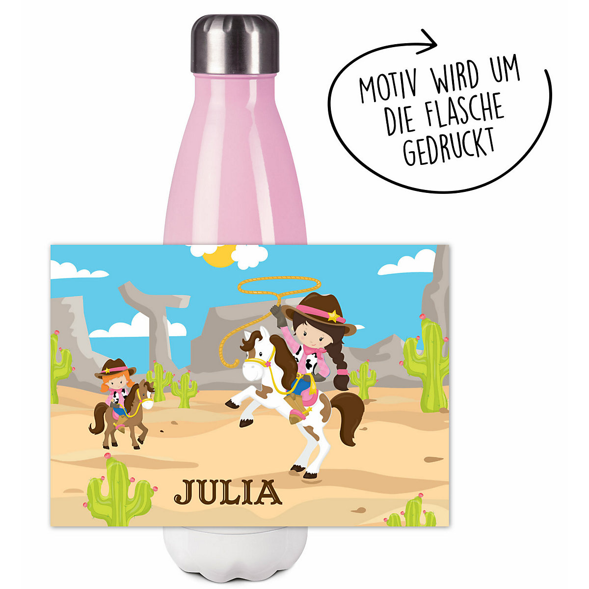 Edelstahl Kinder Thermoflasche / Trinkflasche bunt Cowgirl Spülmaschinenfest, Auslaufsicher, Bruchfest, Doppelwandig, Für Heißgetränke geeignet, Mit Deckel, Isoliert