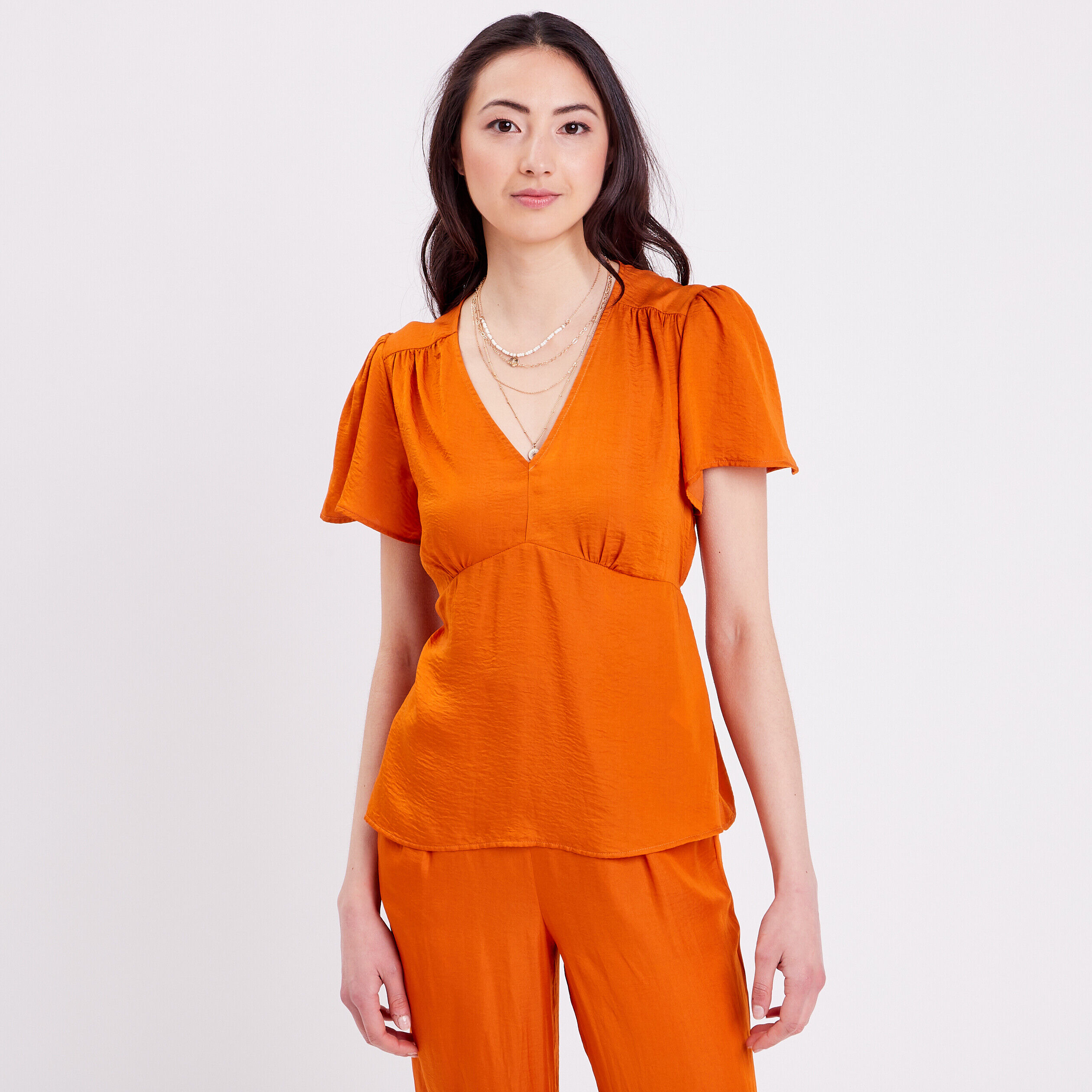 Blouse manches courtes satin orange femme | Cache Cache