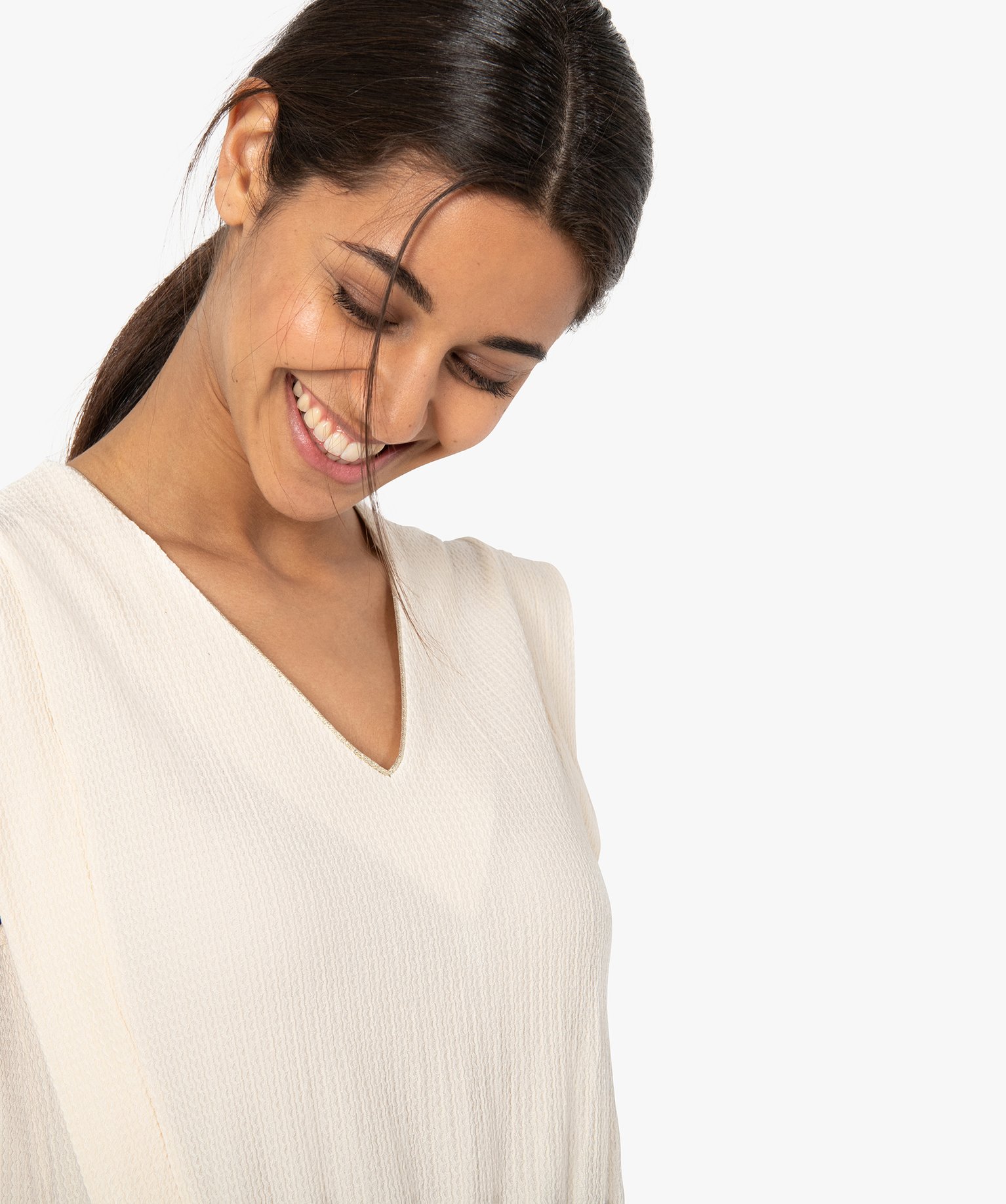 Robe femme en maille texturée avec col V scintillant ecru | GEMO