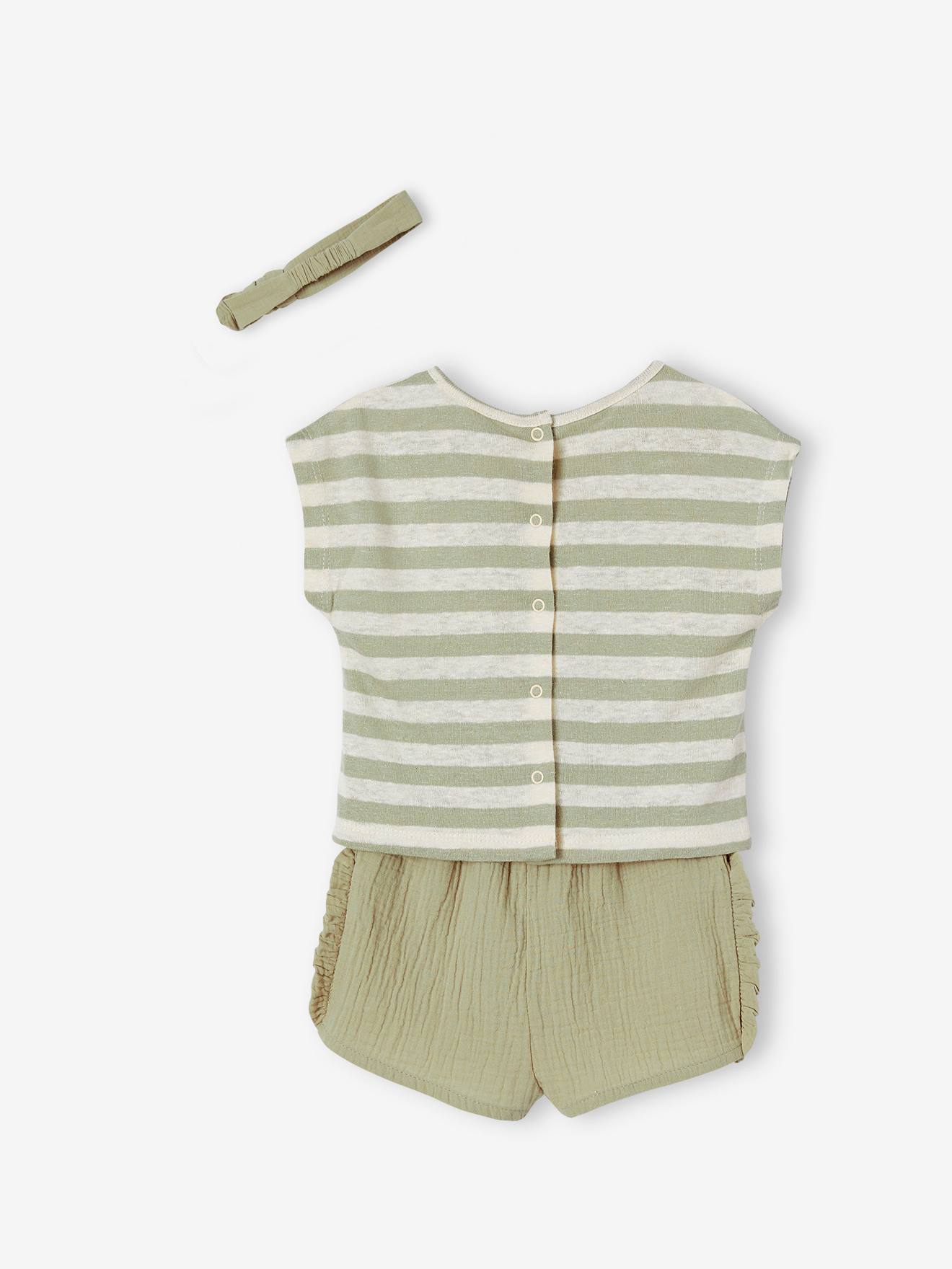 Ensemble bébé short, T-shirt rayé et bandeau orange
