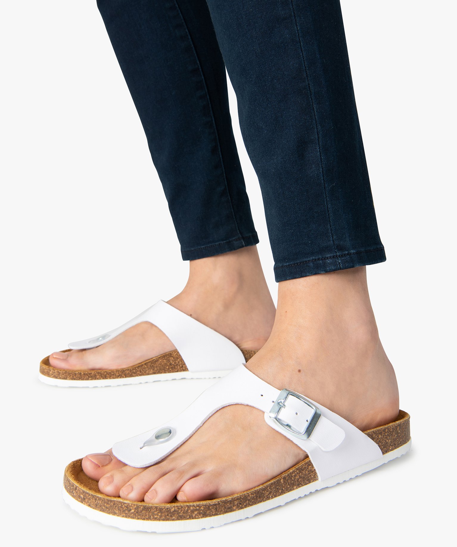 Mules femme à talon plat avec large bride en T unie blanc | GEMO