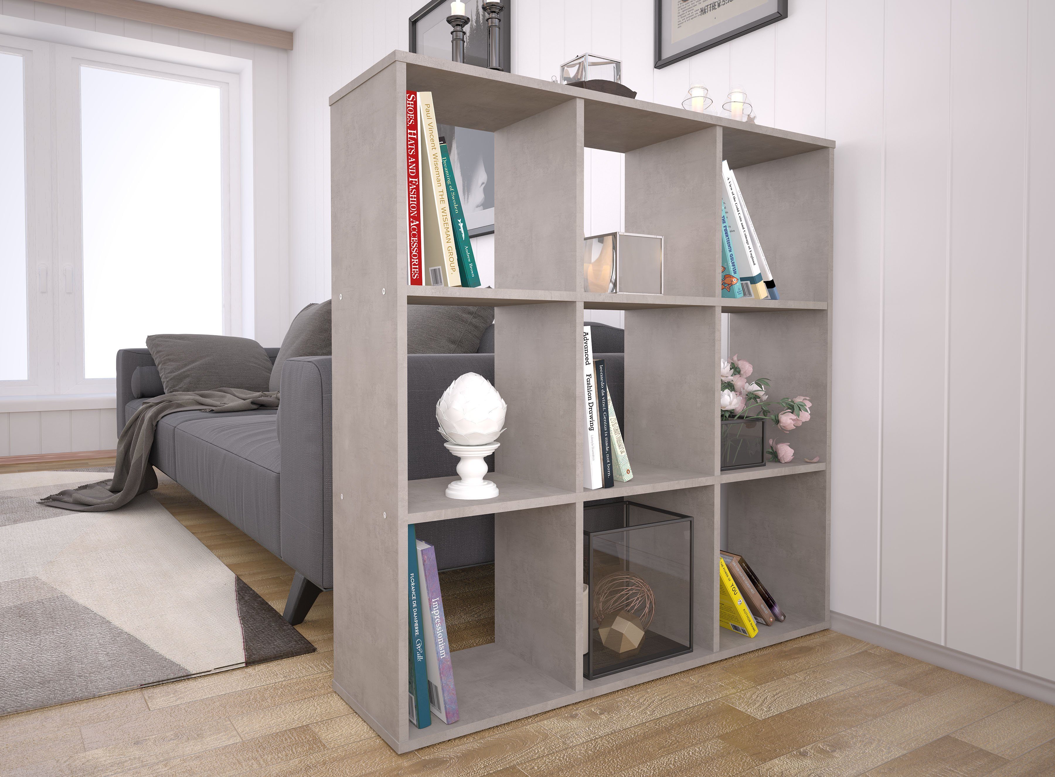 Polini Home Raumteilerregal Polini Home Raumteiler Bücherregal Raumtrenner Regal grau 9 Fächer