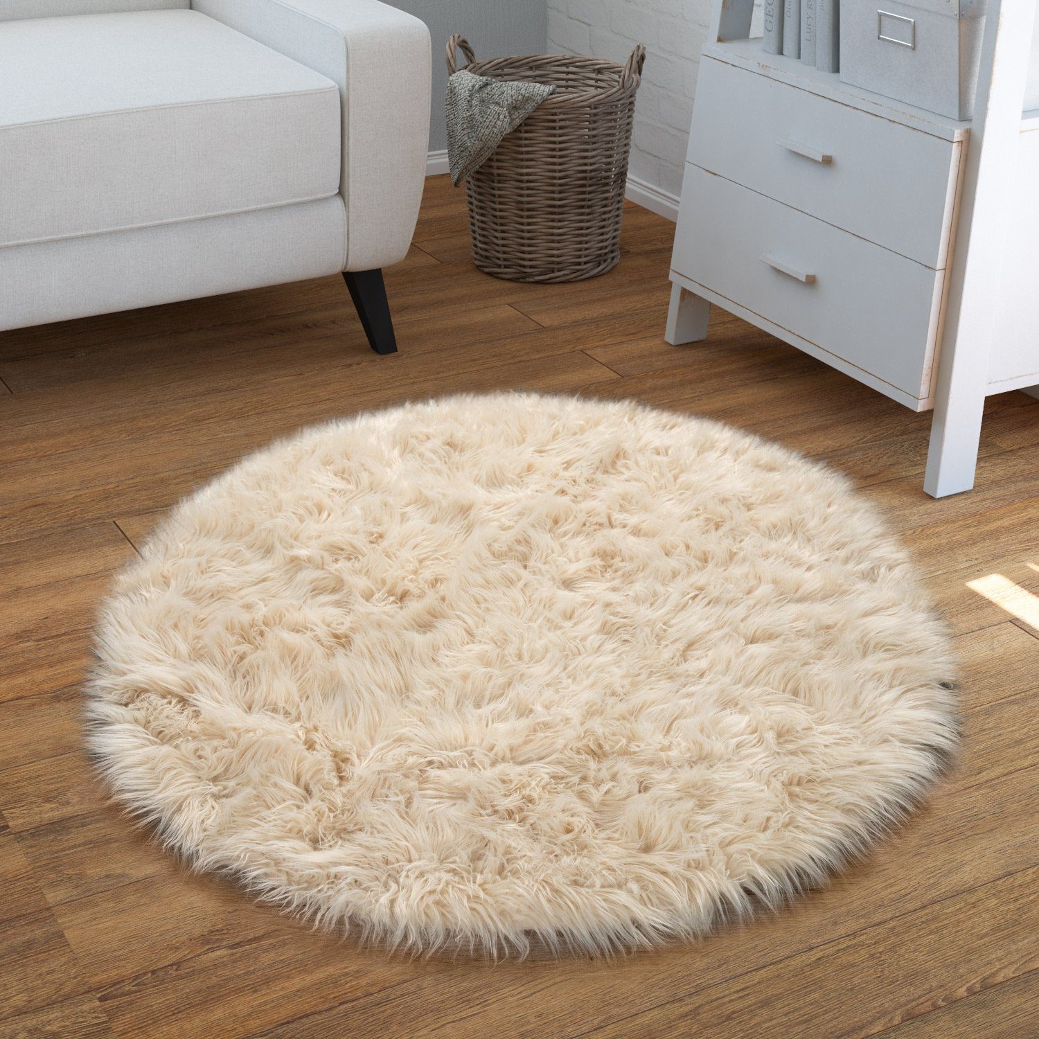 Fellteppich Wohnzimmer Hochflor Teppich Kunst-Fell Design, TT Home, rund, Höhe: 64 mm