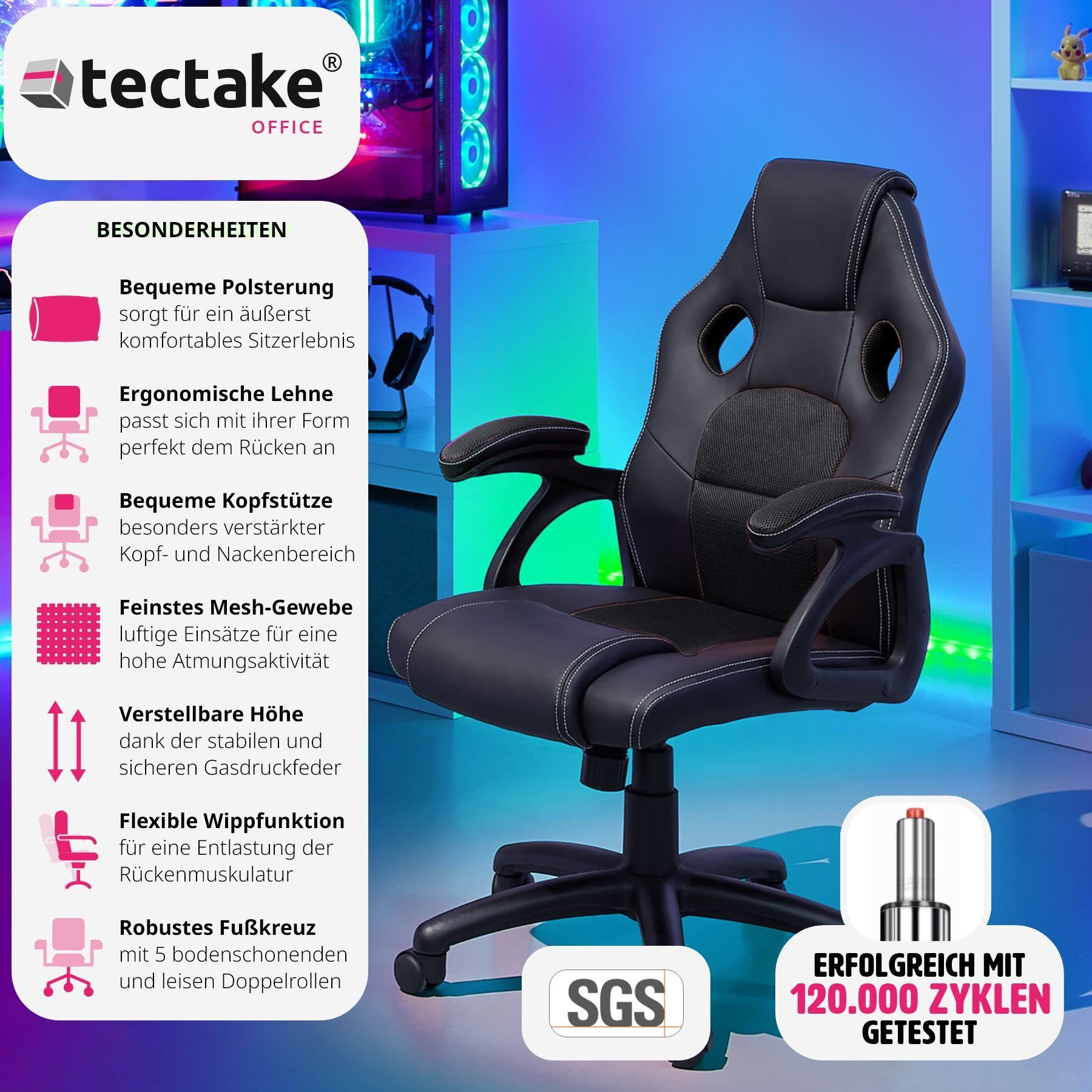 tectake Gaming-Stuhl Mike (1er, 1 St), einstellbare Wippmechanik