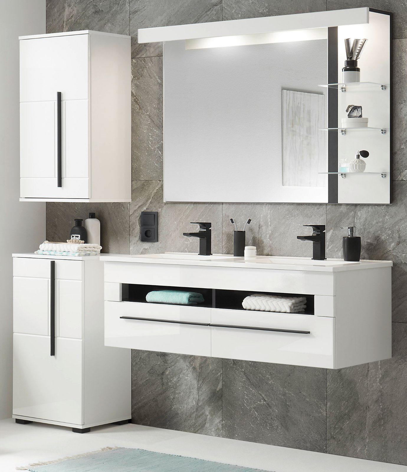 Furn.Design Badmöbel-Set Design-D, (Komplett-Set in weiß Hochglanz, mit Doppelwaschtisch), inkl. Waschbecken und Beleuchtung