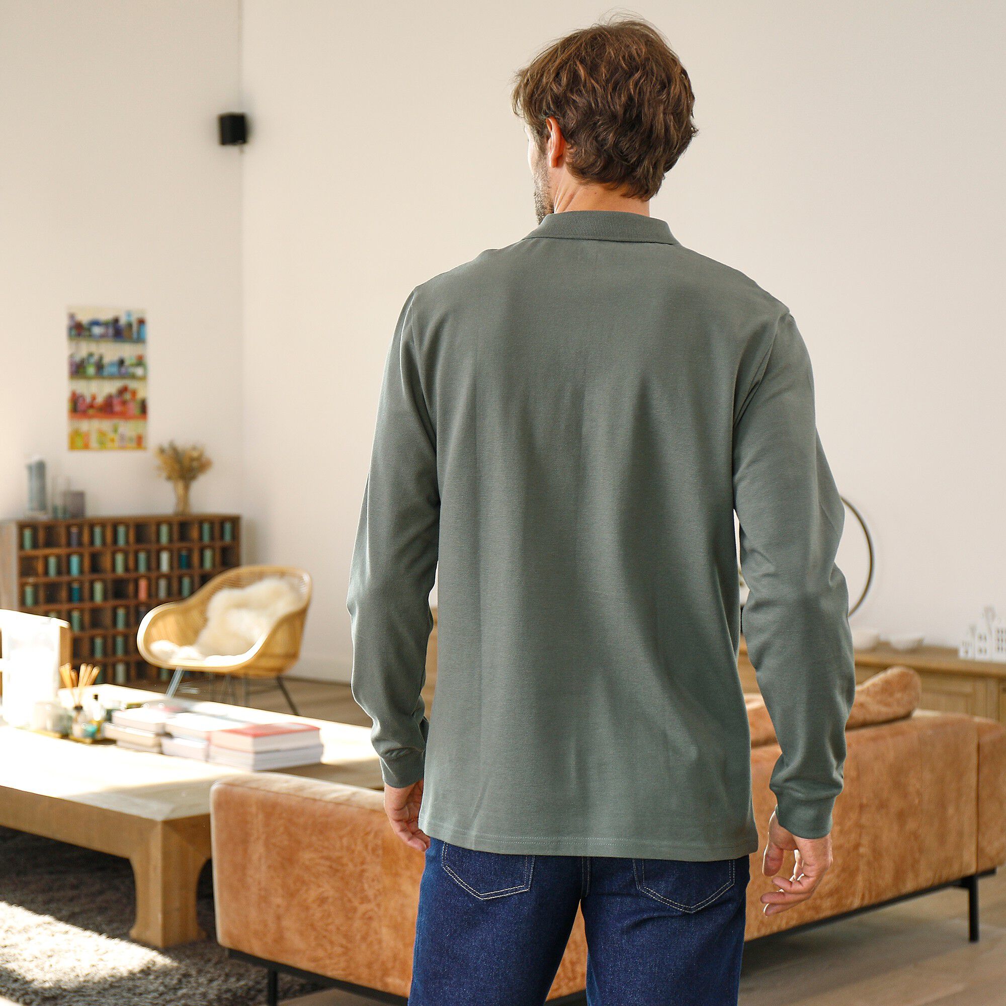 Polo uni maille piquée manches longues