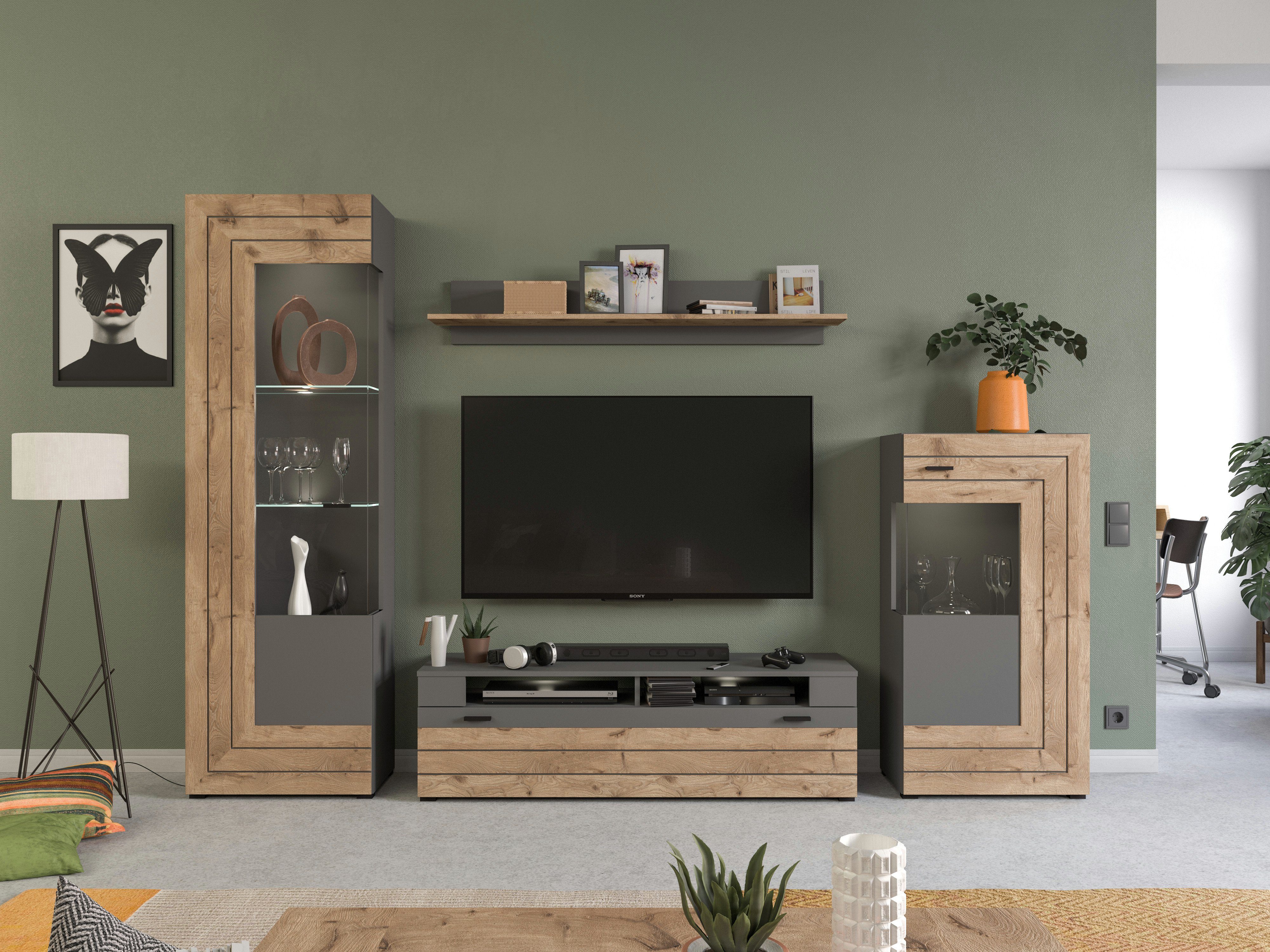 the kuup TV-Rack TV Lowboard Flach I Korpus & Fronten Matt Grau I Rahmen Nox Oak Eiche, Modell TK4