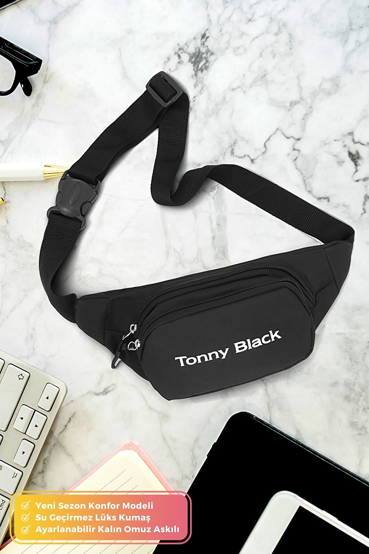 Tonny Black  Original wasserdichte Unisex-Umhängetasche mit 2 Fächern und verstellbarem Riemen für den Alltag und Sport, Schulter- und Hüfttasche