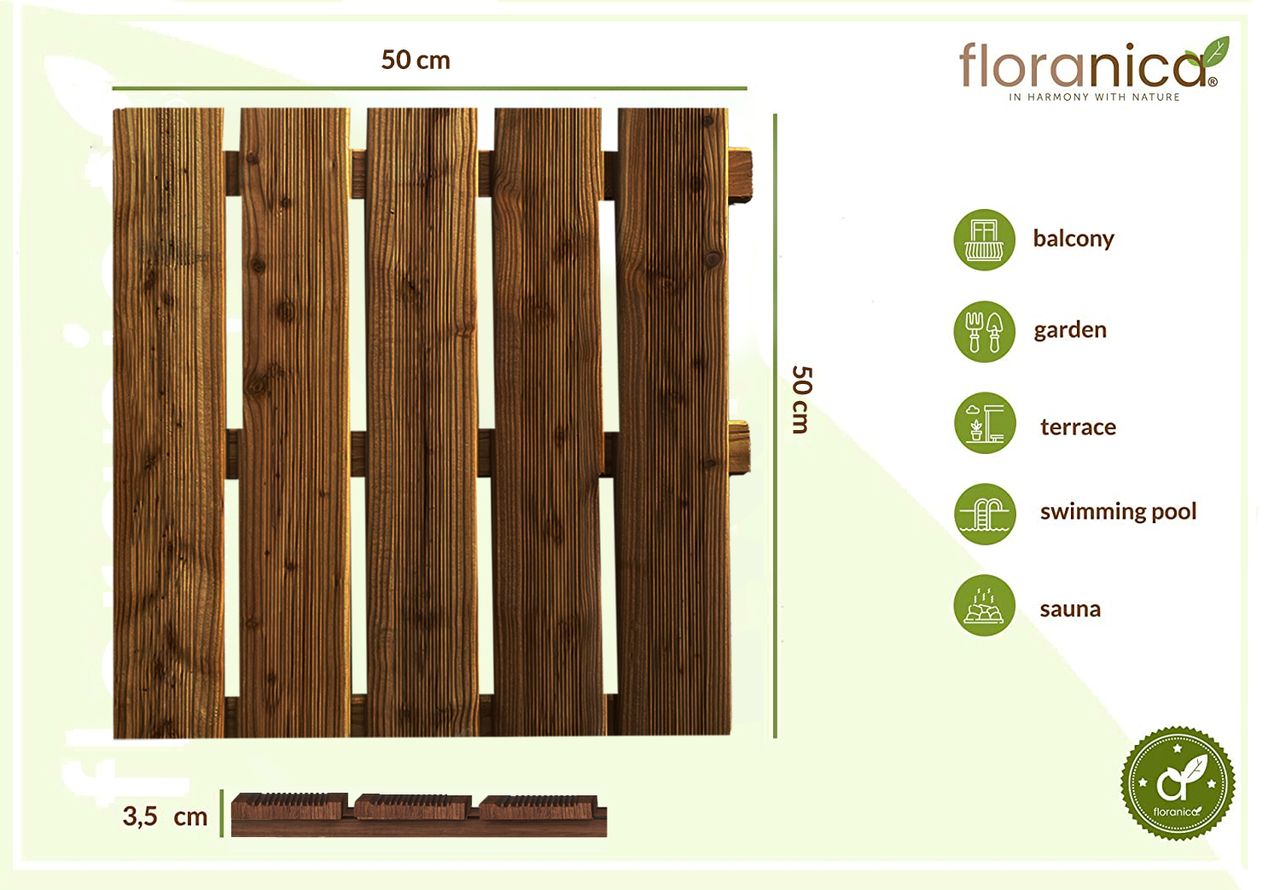Pemicont Floranica Holzterrassenplatten 1 Stück 50x50 cm Imprägniertes Lärchenholz Braun Boden für die Sauna Terrasse oder dem Balkon Holzfliese im Garten Gefräste Oberfläche Balkonfliesen