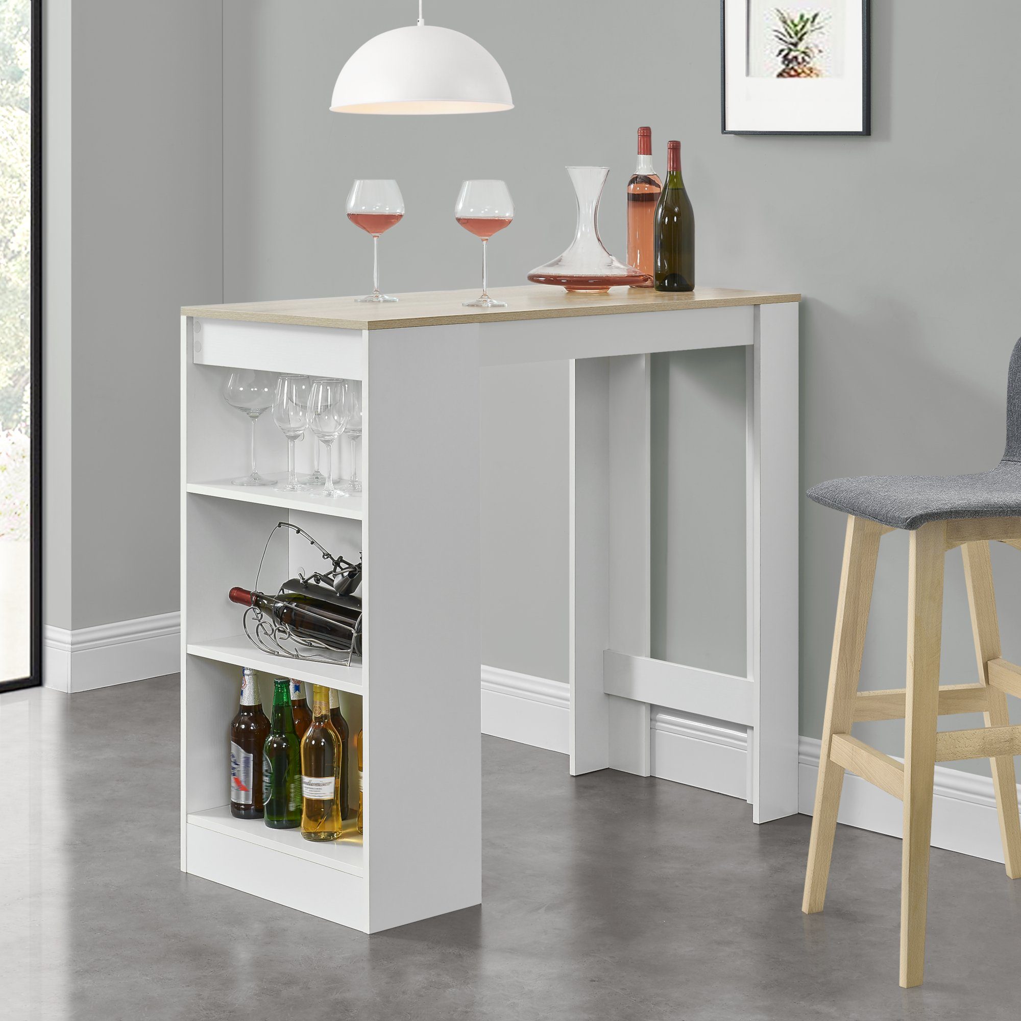 en.casa Bartisch, Kouvola Bartheke mit Ablagefach Weiß/Eiche-Optik