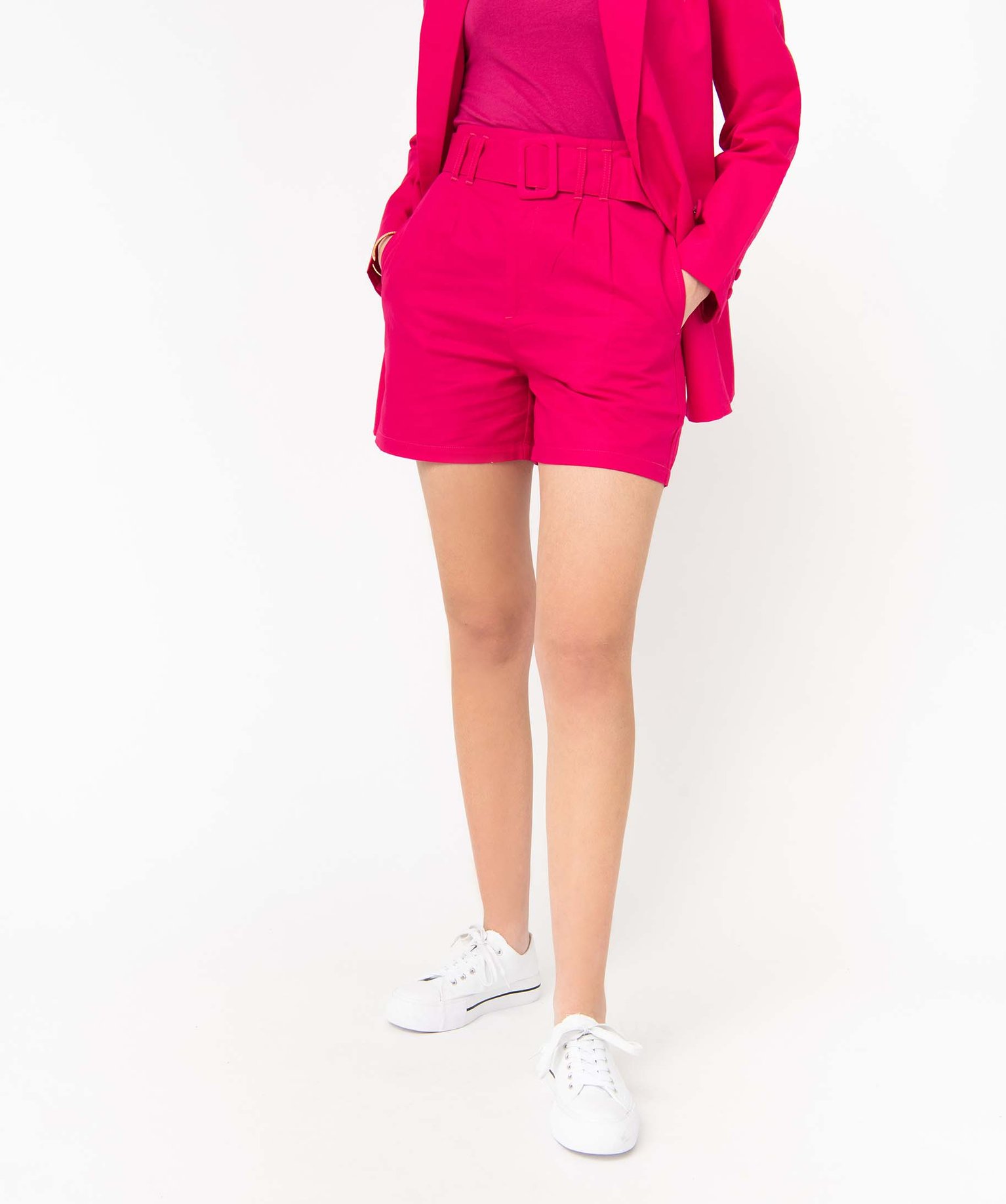 Short femme en coton et lin coupe large et taille haute rose | GEMO