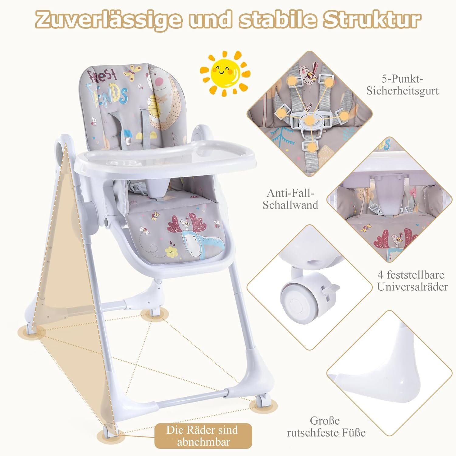KOMFOTTEU Hochstuhl 3-in-1, mit Rollen für Kinder 6-36 Monate