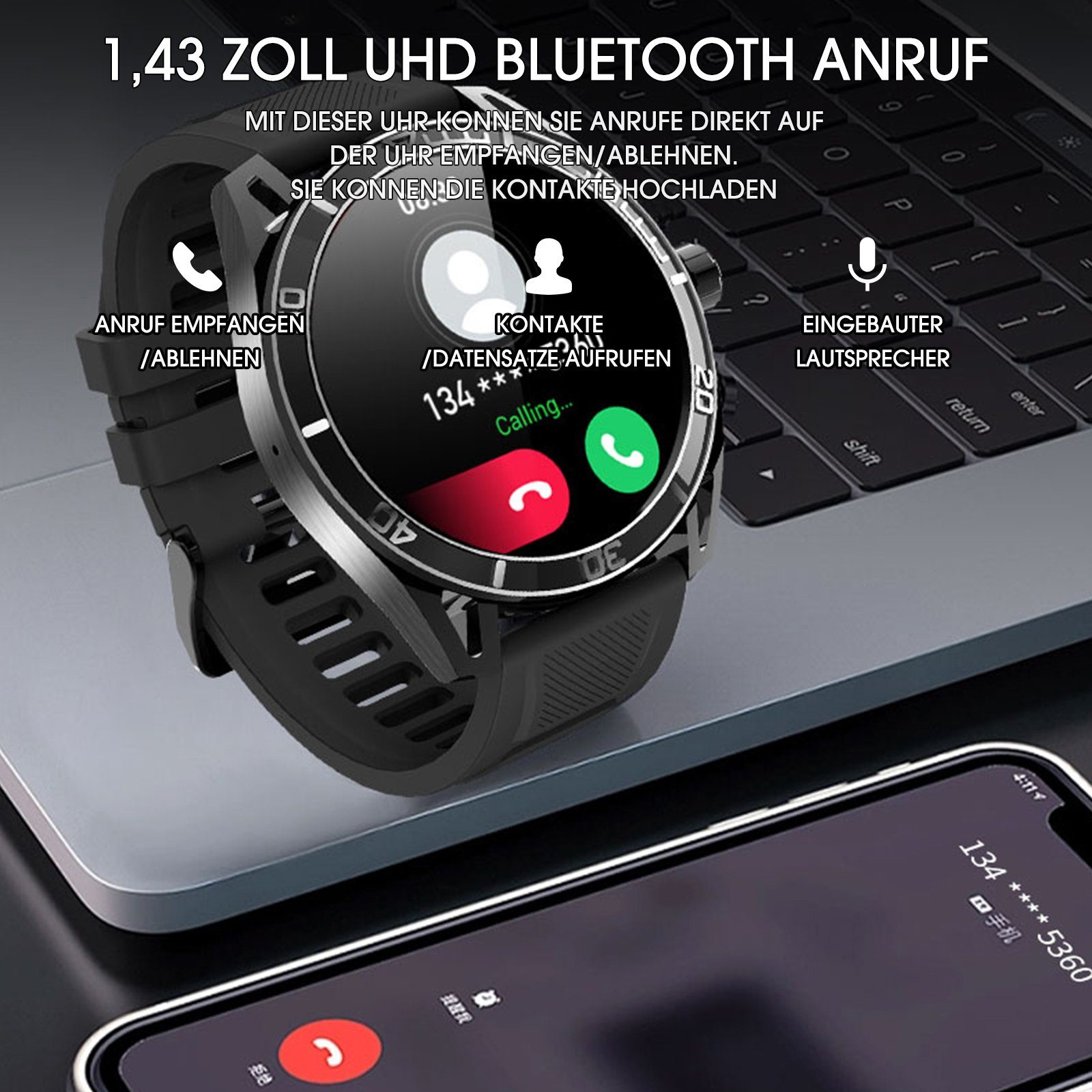 Yuede AMOLED Smartwatch, Fitness Uhr mit Anruffunktion für Damen und Herren Smartwatch (Rundes 1,43-Zoll-UHD-Full-Touch-AMOLED Farbdisplay Zoll) Gesundheits-Smartwatches mit Blutsauerstoff, Blutdruckmessung, Herzfrequenz, Schlafqualität, Schrittzähle