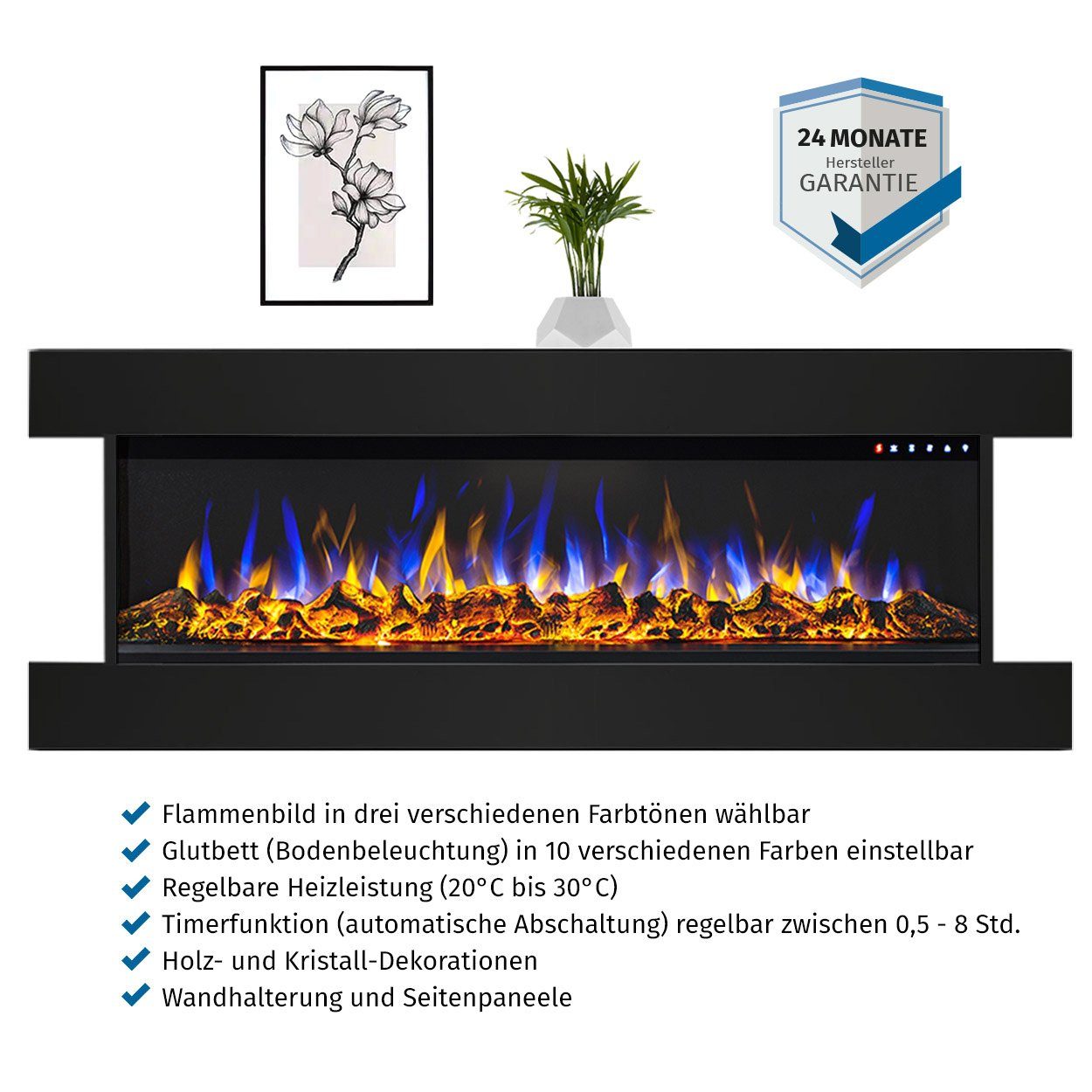 GLOW FIRE Elektrokamin Insert Clear, mit Heizfunktion bis 1600W, Fernbedienung & Abschaltautomatik