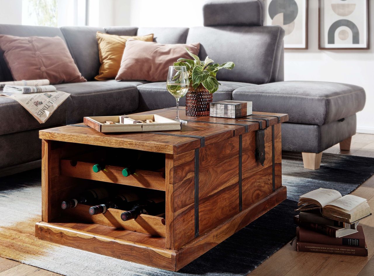 Wohnling Couchtisch 100x60x40 cm Truhentisch Massivholz Tisch Wohnzimmer Modern