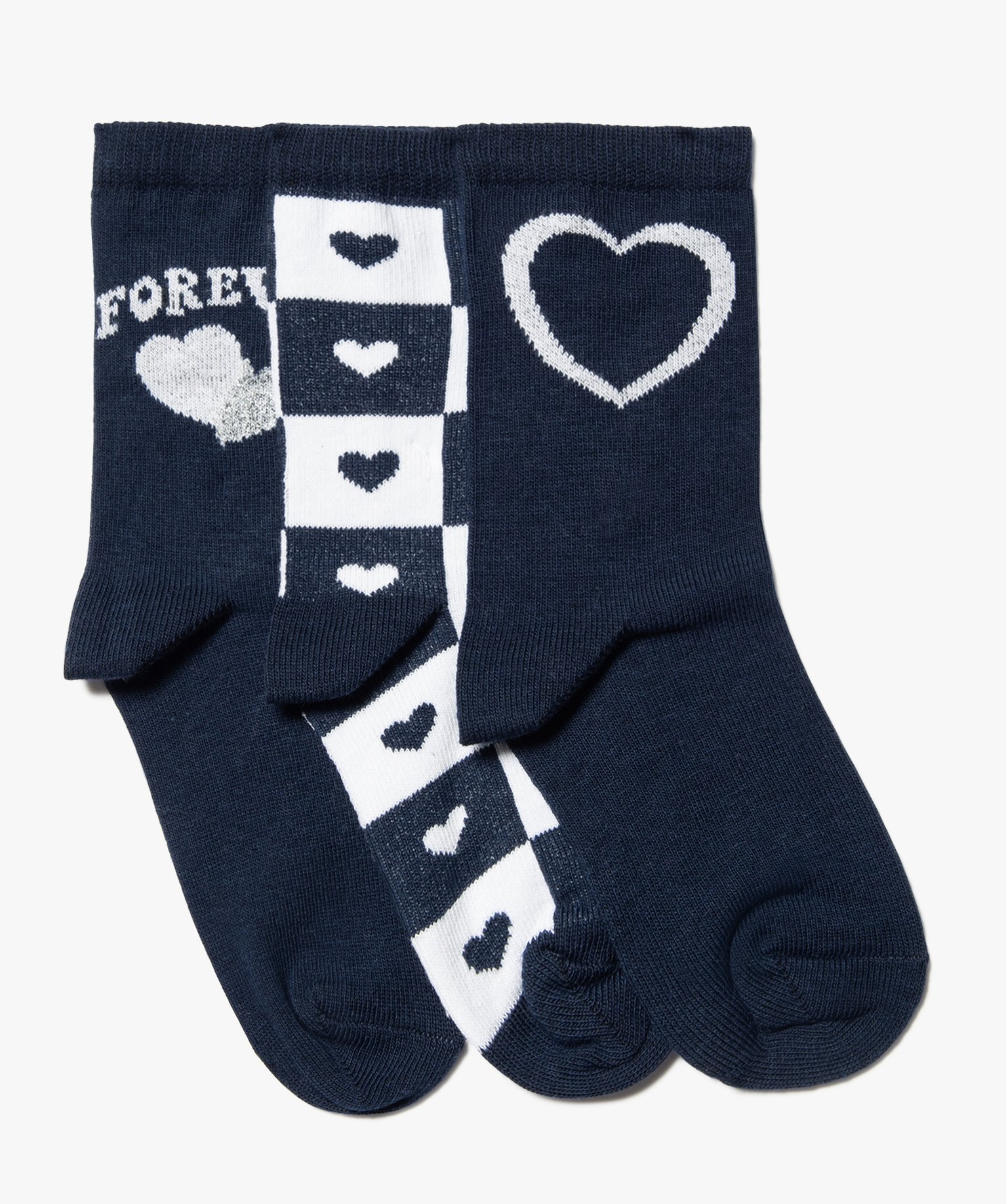 Chaussettes filles tige haute à motifs coeurs (lot de 3) marine | GEMO