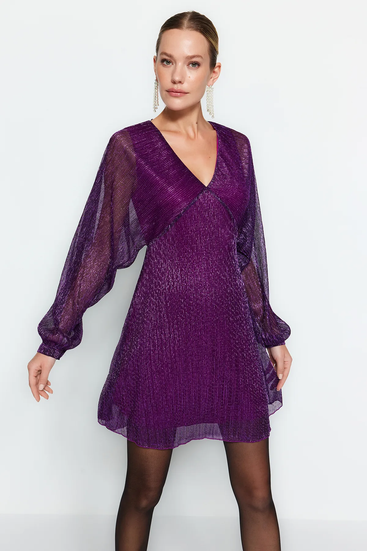 Trendyol Collection  Lila offene Taille/Skater-Strickkleid, gefüttert, glänzend, elegantes Abendkleid TPRAW24EL00000