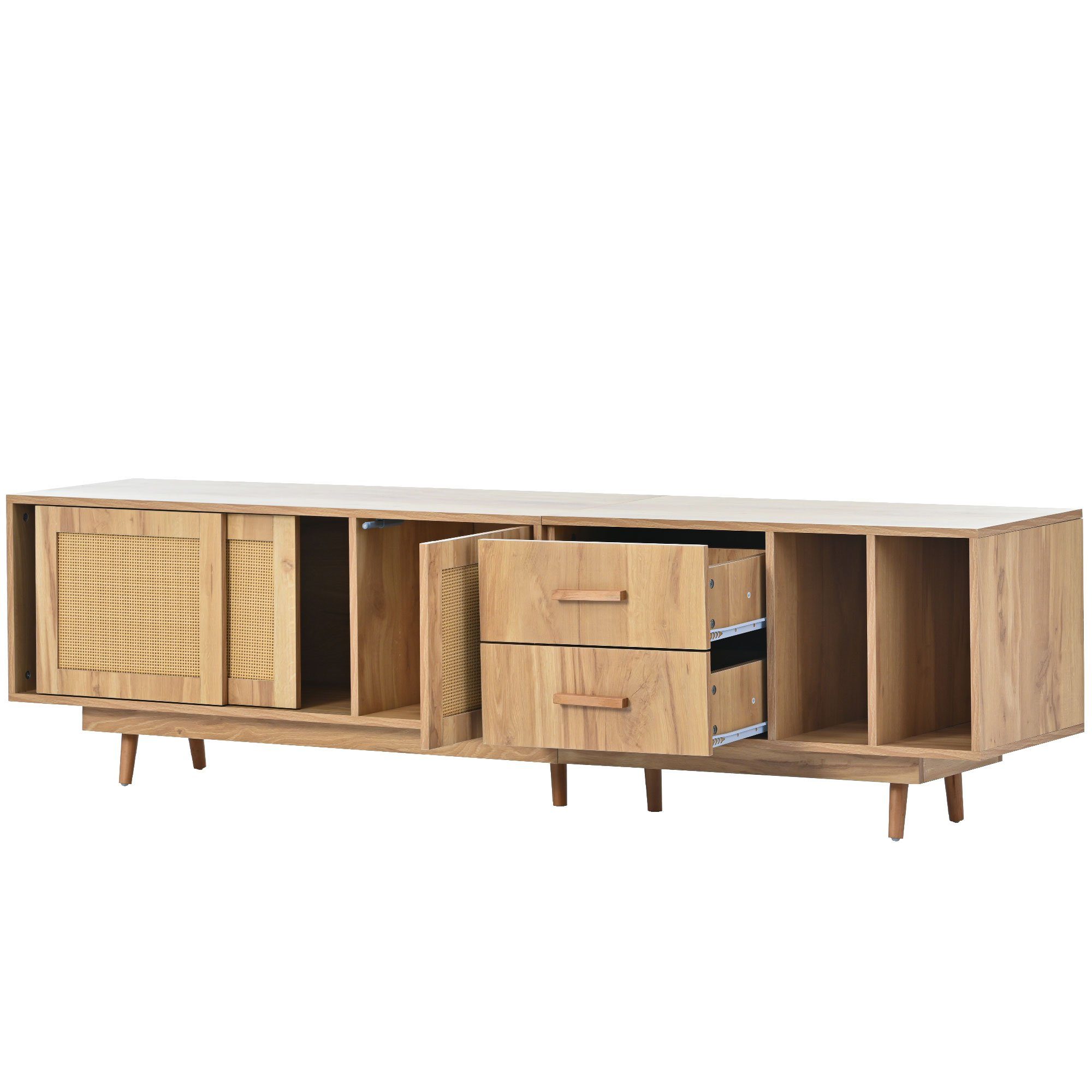 BlingBin TV-Schrank Lowboard TV-Board Rattan-Türdesign Natural Oak Breite 190cm (Mit drei Schränken und zwei Schubladen) Geeignet für Fernsehgeräte bis zu 80 Zoll