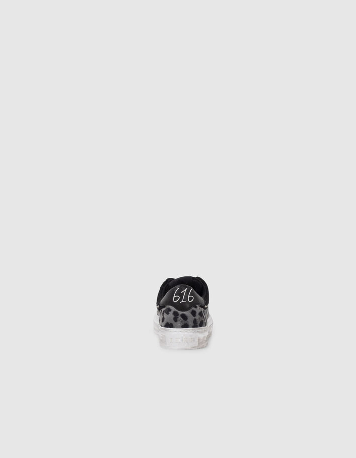 Sneakers noires cuir velours motif léopard et clous Femme
