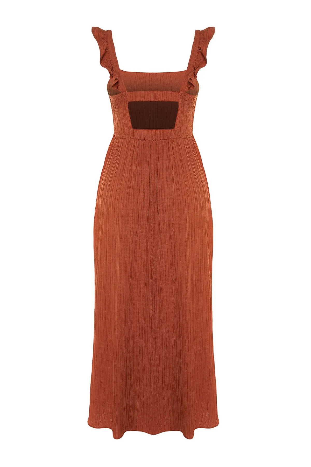 Trendyol Collection  Zimtfarbenes Maxi-Webkleid mit geradem Schnitt und quadratischem Ausschnitt und Rüschen, TWOSS23EL02273