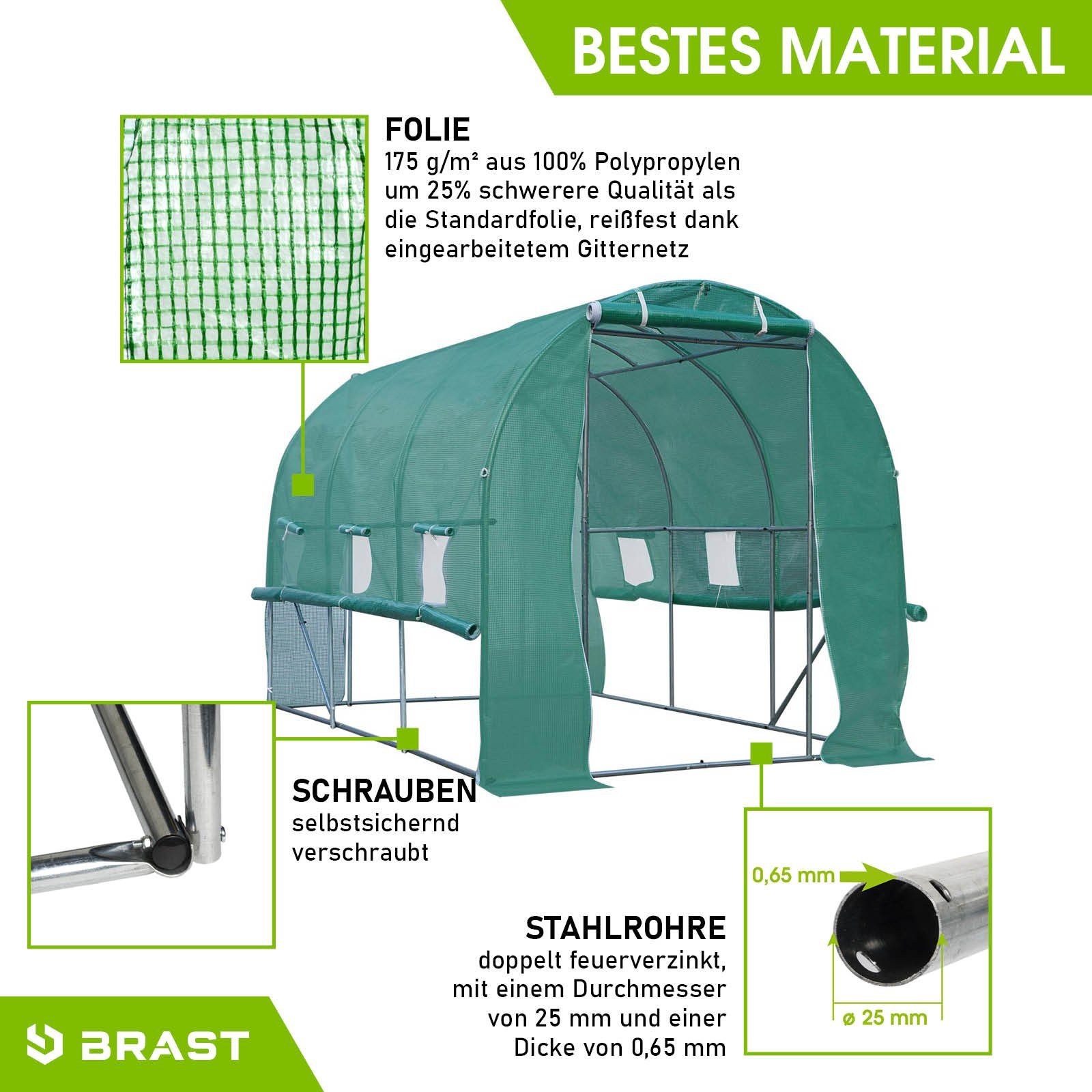 BRAST Foliengewächshaus Gewächshaus mit Stahlfundament Seitenwände aufrollbar, 4 Größen 2x3m 3x4m 3x6m 3x8m, Erdanker schwere Qualität Gitternetzfolie 175g/m²