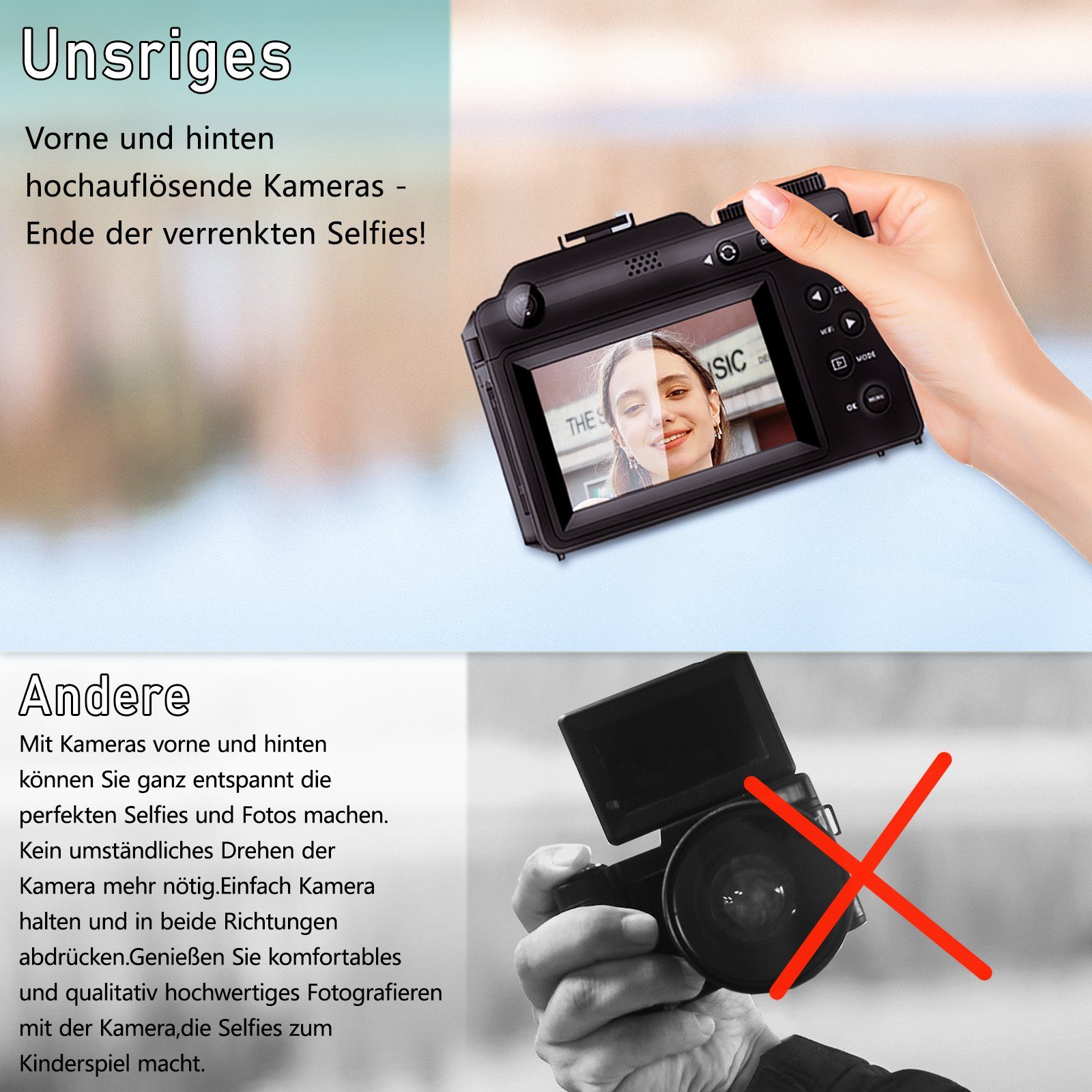 OKA Digitalkamera doppelt 48MP, 4K-Video, 18x Zoom, Anti-Schüttel 3D-Sound Kompaktkamera (48 MP, WLAN (Wi-Fi), inkl. Doppelt 13 MegaPixel Foto-Wunder, Super Bildstabilisator)