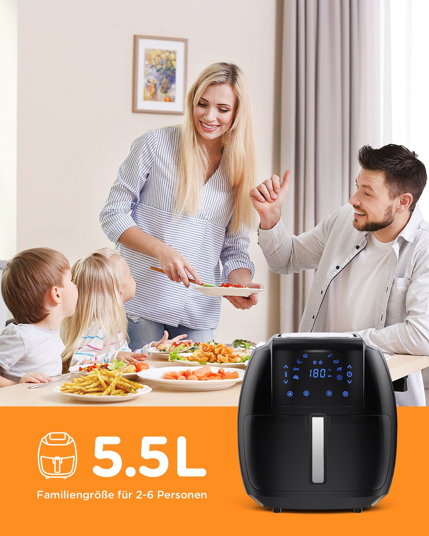 Tomons Heißluftfritteuse XXL 5,5L Elektrofritteuse Airfryer, ohne Fett und Öl, 1800,00 W