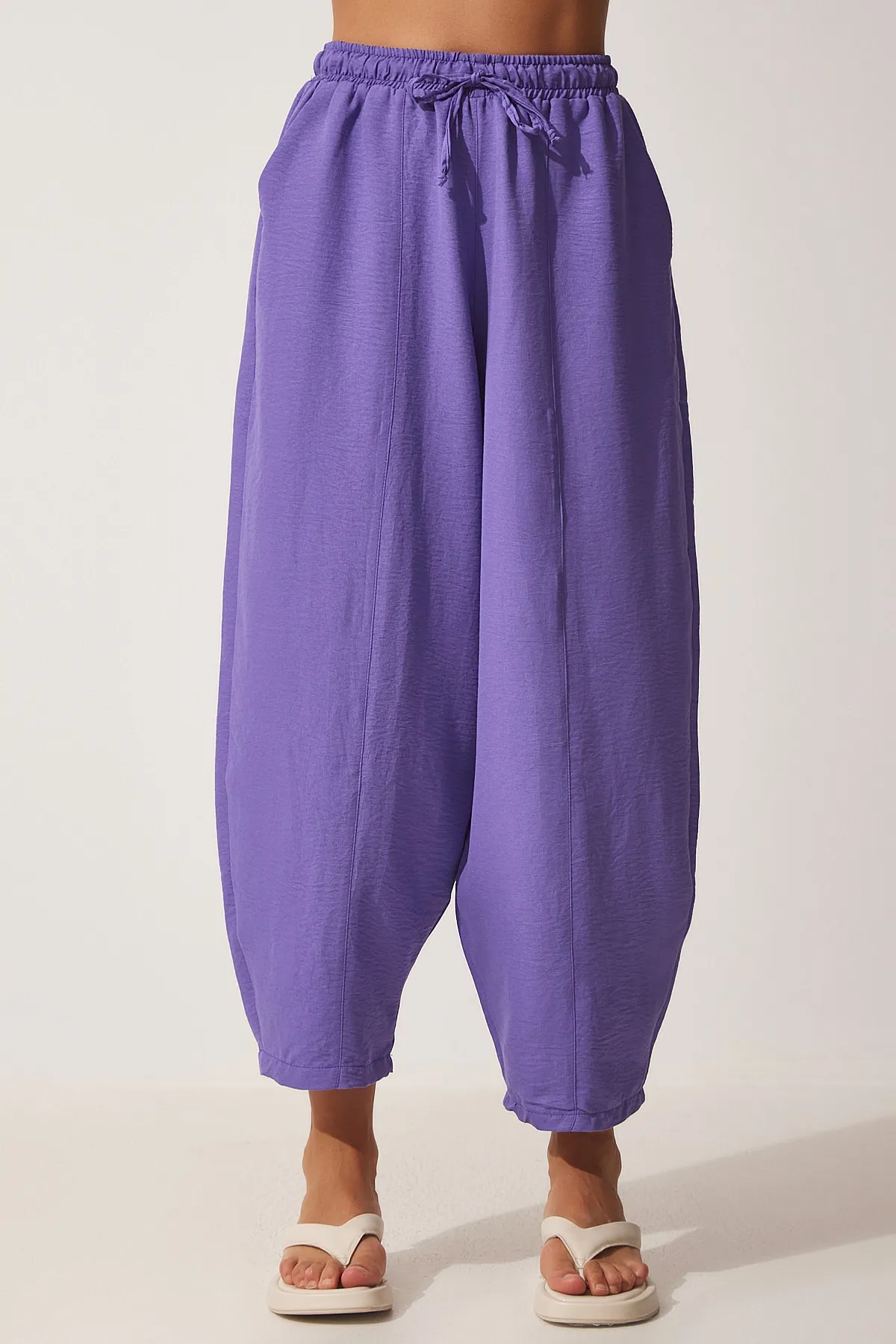 Happiness İstanbul  Lilafarbene Shalwar-Hose aus Leinenviskose mit Taschen für Damen CV00001