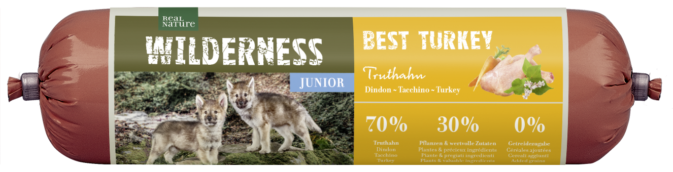 REAL NATURE Hundenassfutter REAL NATURE WILDERNESS Junior Wurst Best Turkey - Truthahn mit Buchweizen & Apfel 400 g