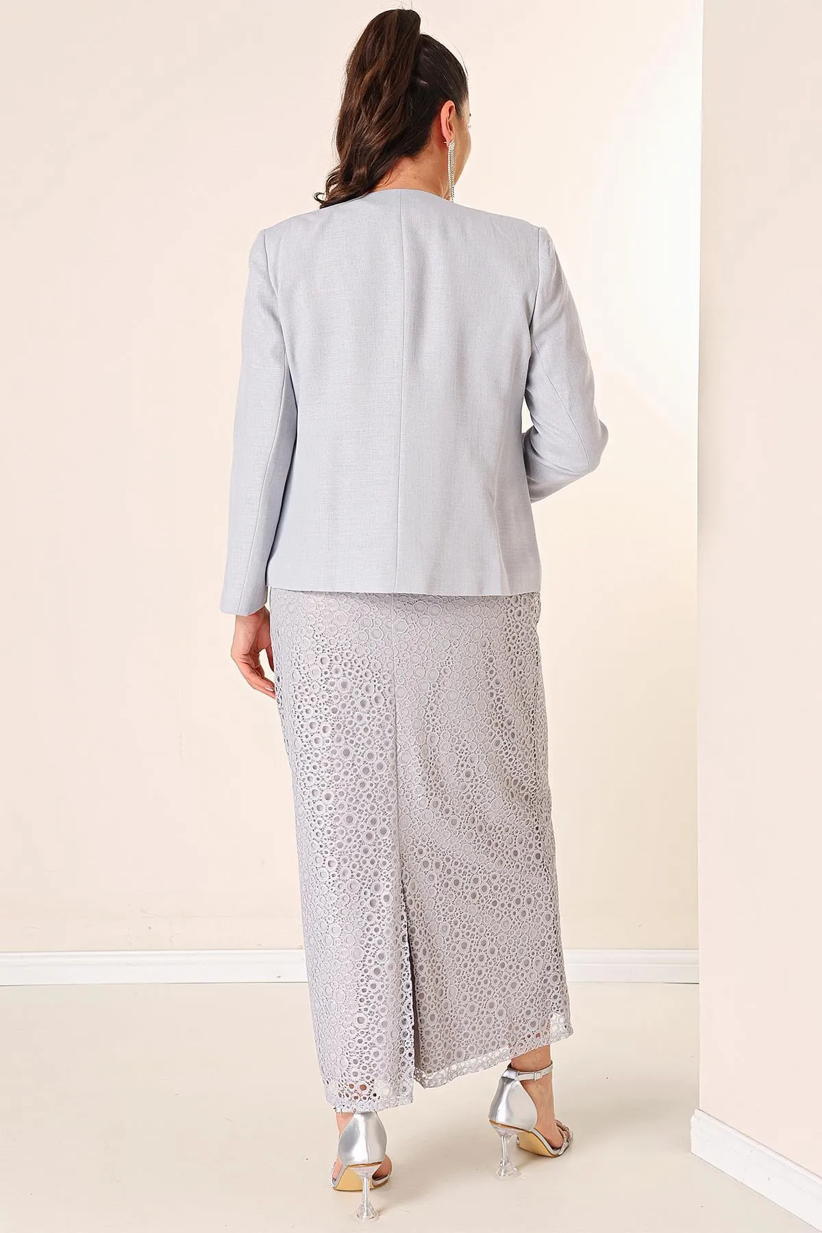 By Saygı  Ärmelloses Gülpür-Kleid, steinfarbene, detaillierte Kreppjacke, gefüttert, große Größe, 2-teiliges Set