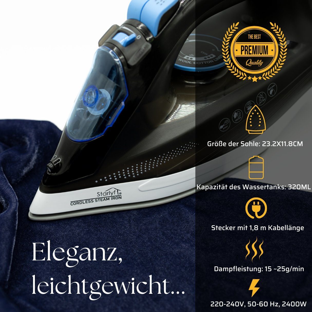 Starlyf Dampfbügeleisen Cordless Steam Iron, 2400 W, kabelloses Bügeleisen, Sohle mit keramischer Antihaftbeschichtung