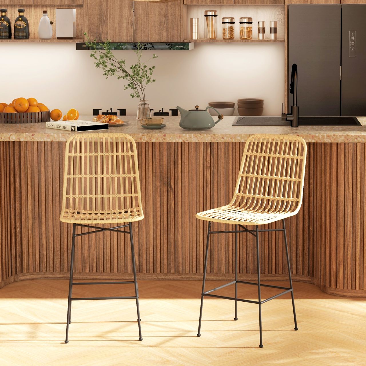 HOMCOM Barhocker 2er-Set, Barstuhl mit Rückenlehne aus PE-Rattan, Gelb