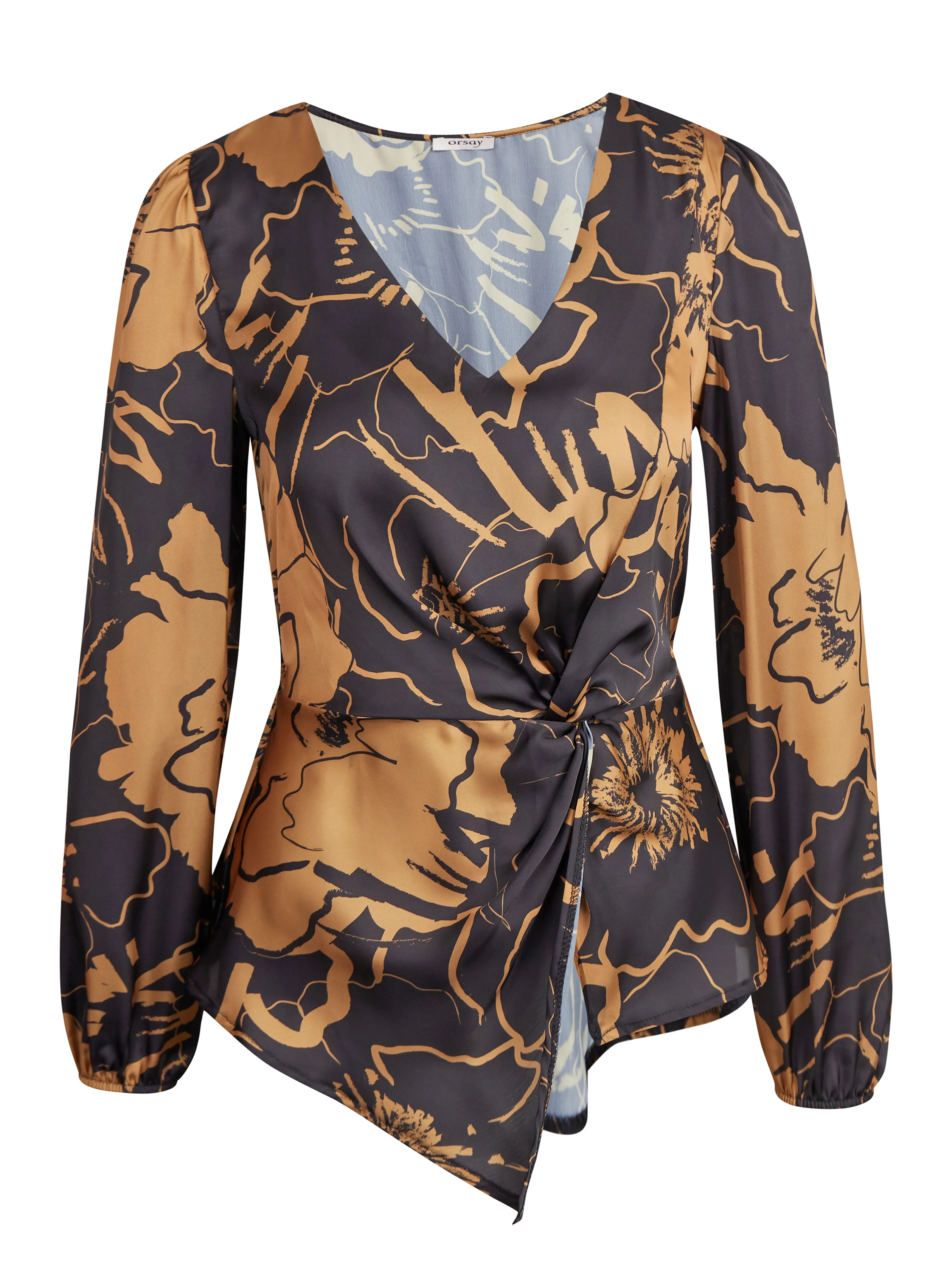 Braun-schwarze Damen-Satinbluse mit Blumenmuster ORSAY