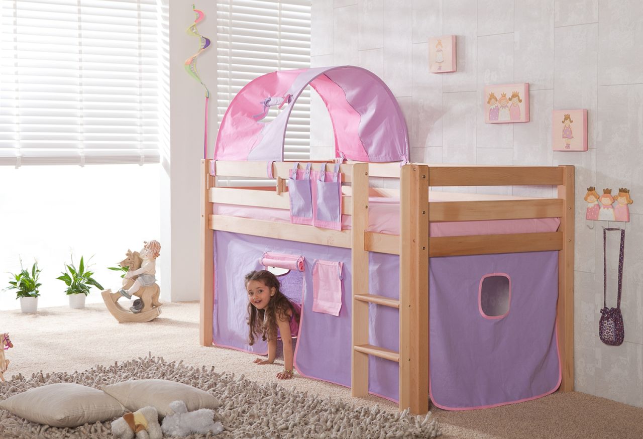 Relita Halbhohes Spielbett ALEX Buche massiv natur lackiert mit Stoffset purple/rosa/herz