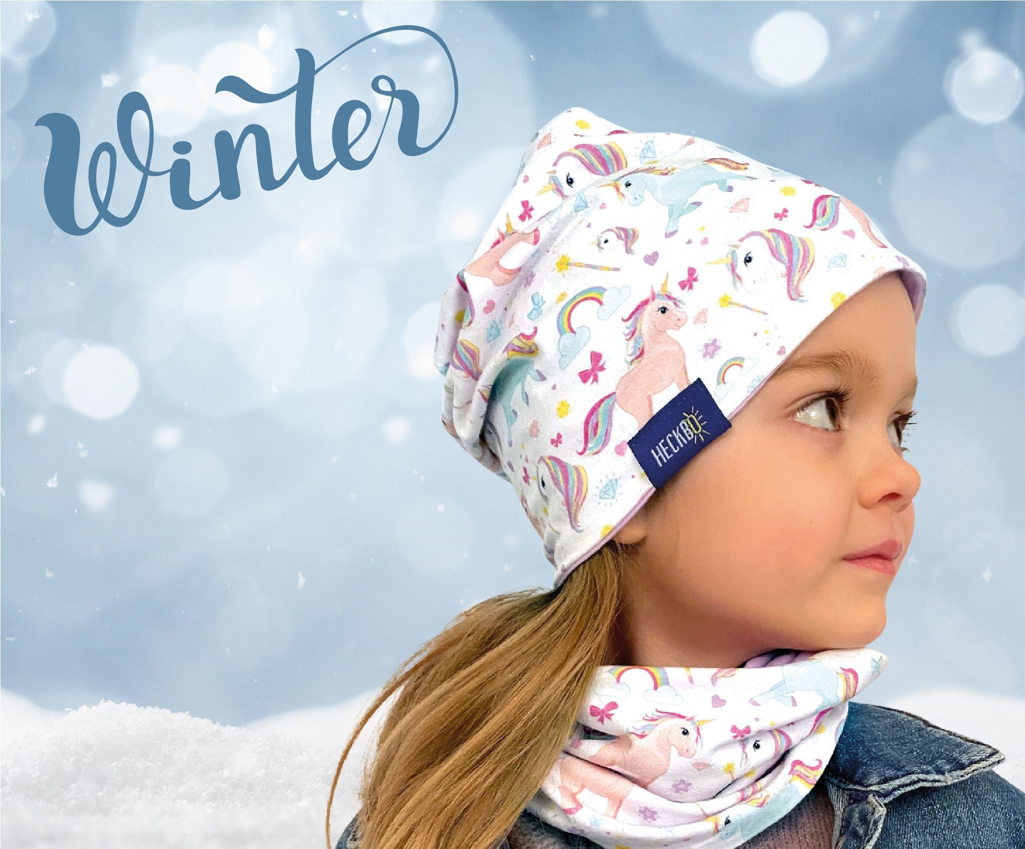 HECKBO Beanie Kinder Jungen Beanie Mütze & Loop-Schal Set - Wendemütze Einhorn Unicorn - 2-8 Jahren - 95% Baumwolle - weiches & pflegeleichtes Stretch-Material