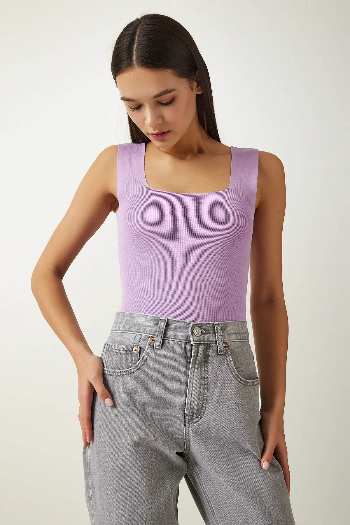 Happiness İstanbul  Damen-Strickbluse mit quadratischem Kragen in Flieder, Größe S US00358