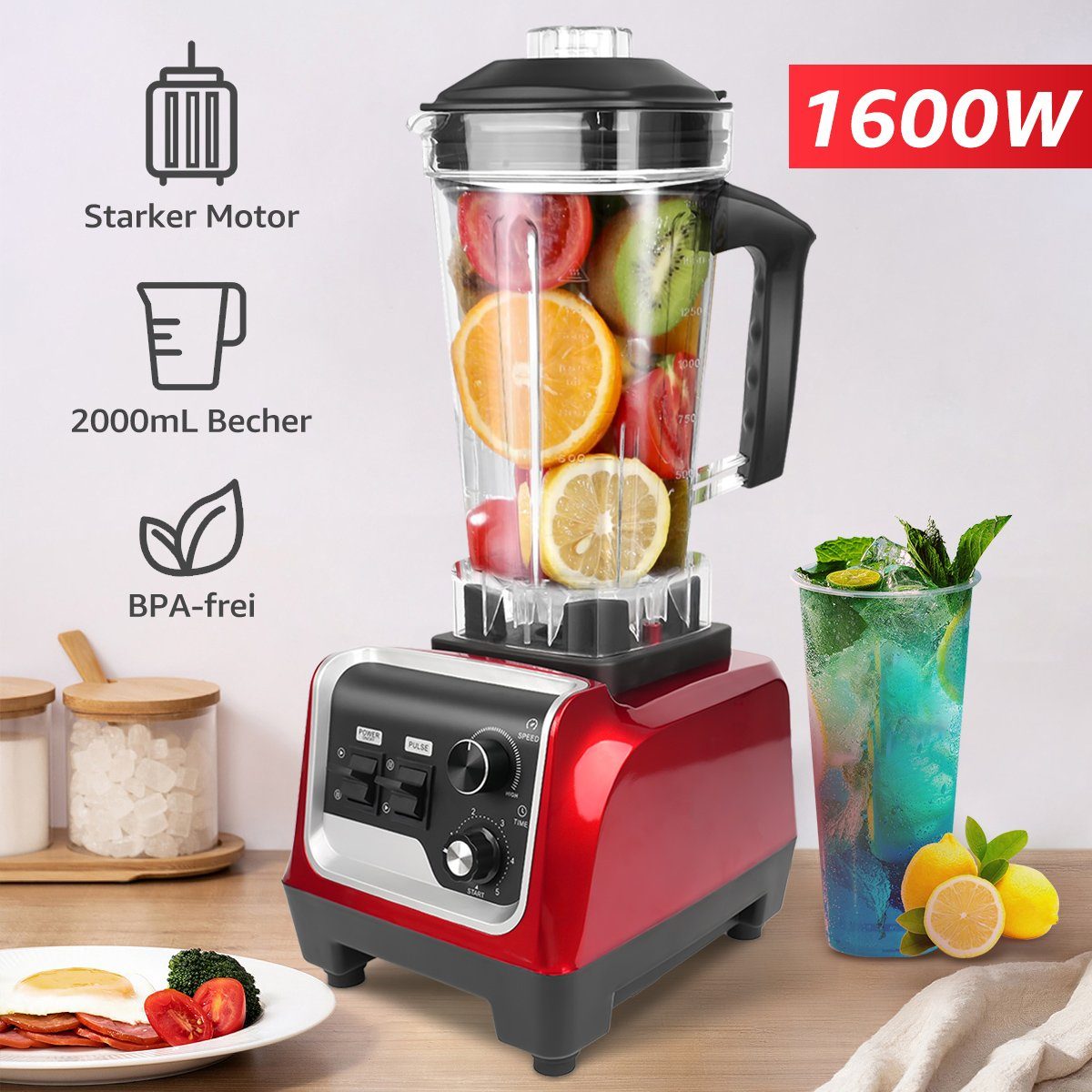 7Magic Standmixer Smoothie Maker Hochleistungsmixer, 32000 U/min, 1600,00 W, Timer, Crush Funktion, Selbstreinigungsfunktion, Puls funktion