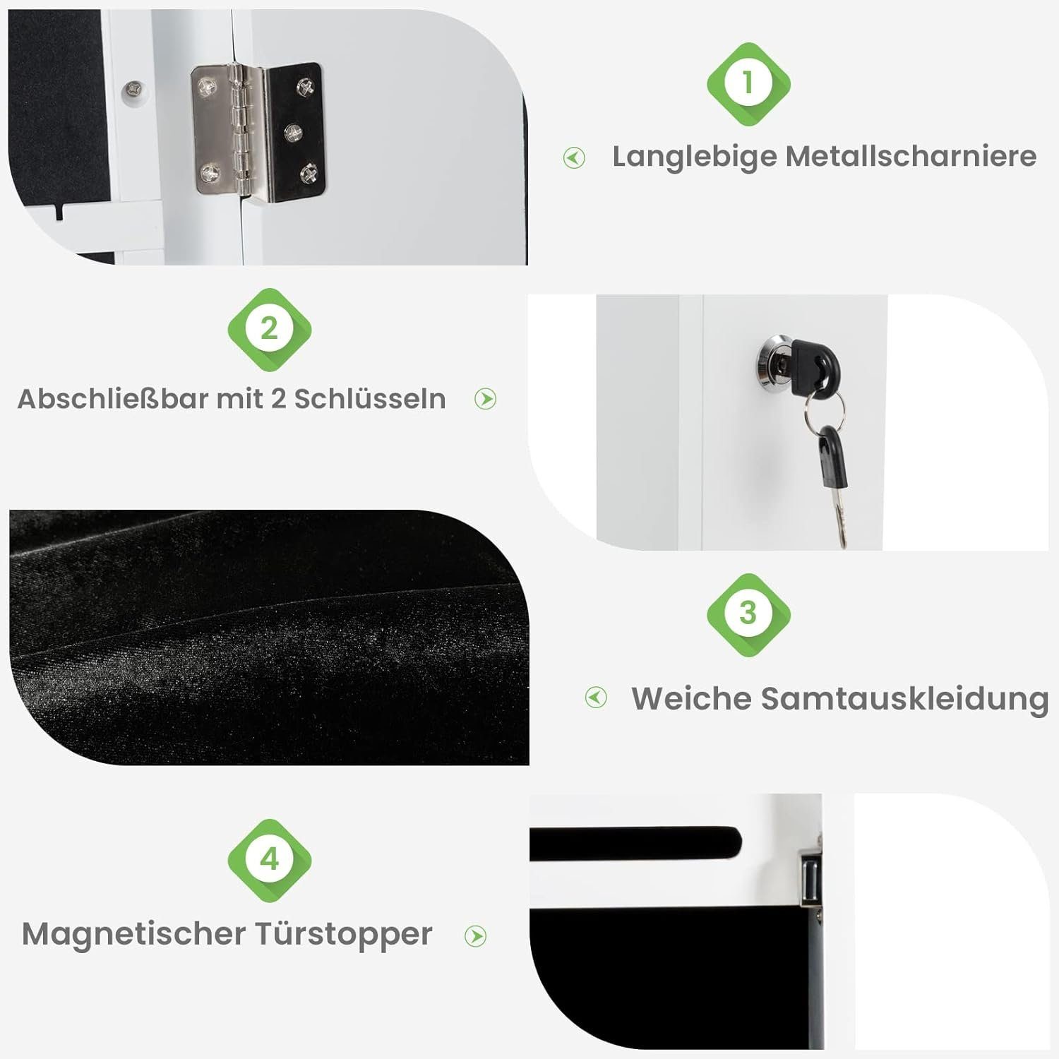 KOMFOTTEU Schmuckschrank mit Spiegel mit 5 LED-Lichtern