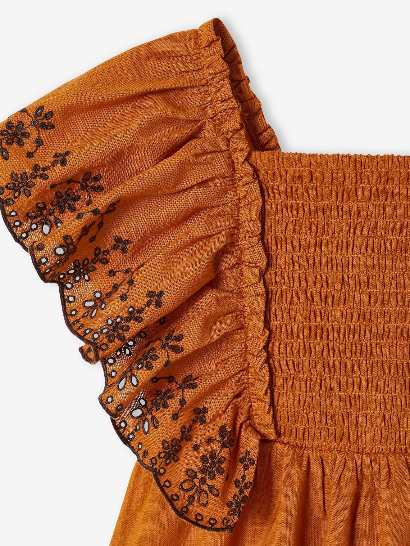 Robe smockée manches brodées fille caramel